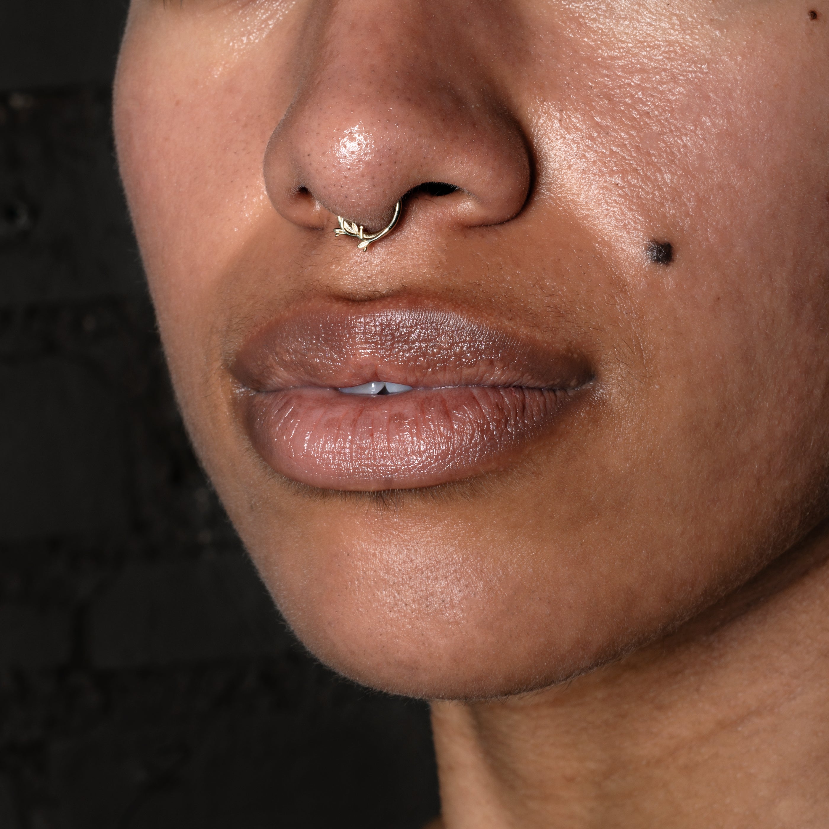 model wearing 14k Gold Twig Septum Clicker