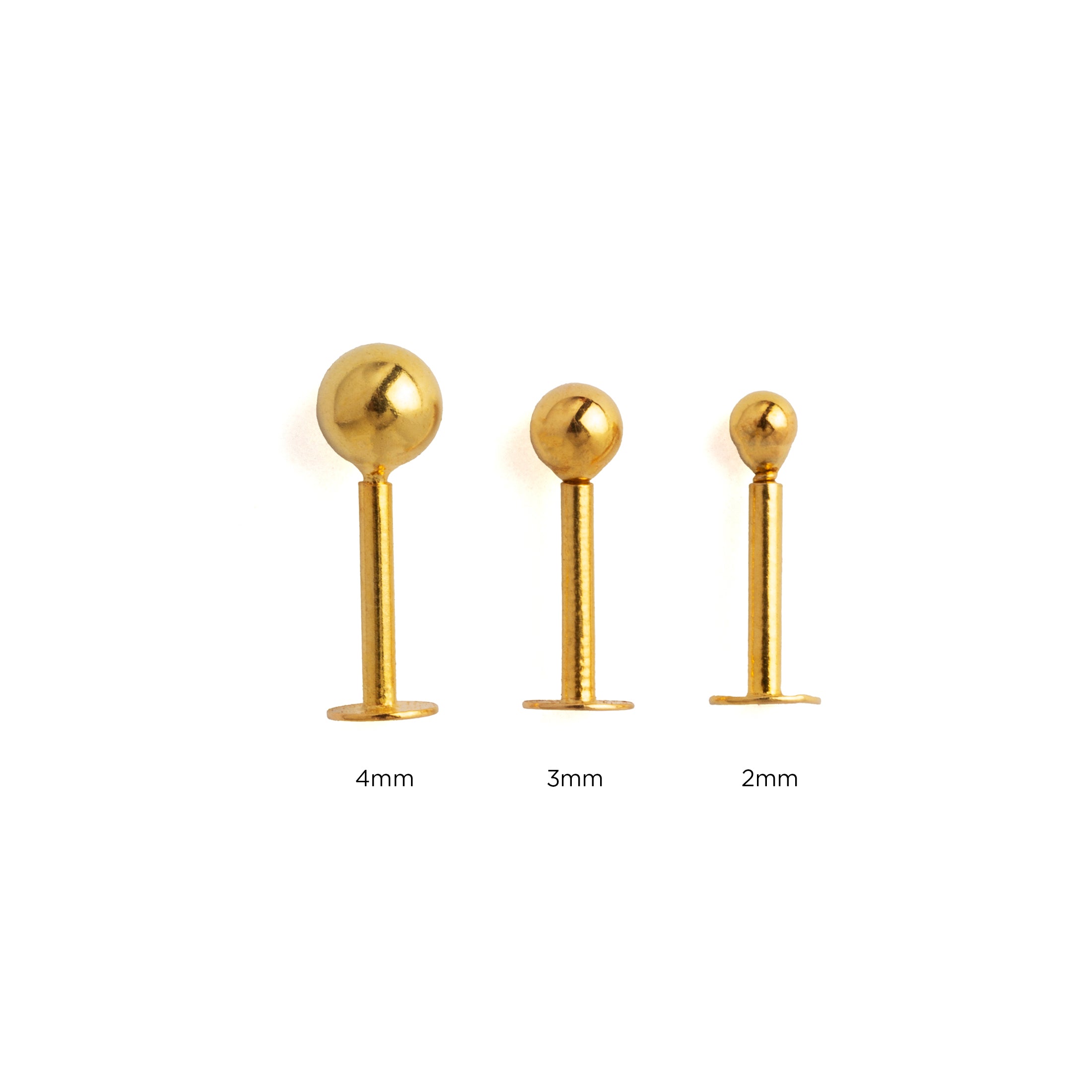 2mm, 3mm and 4mm 18K Gold Dot Flat Back Studs side view