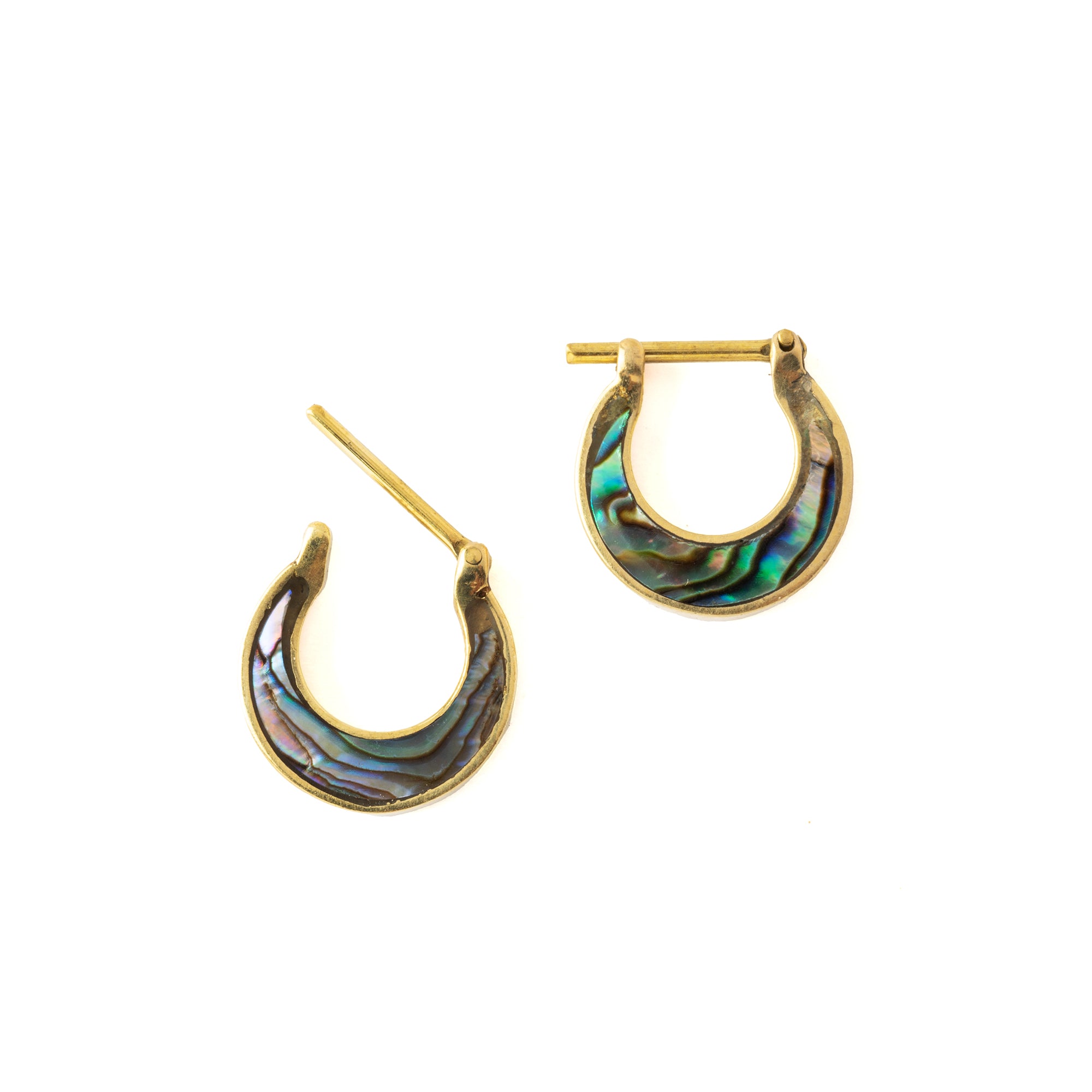 Golden Aanya Abalone small huggies Earrings open mode view