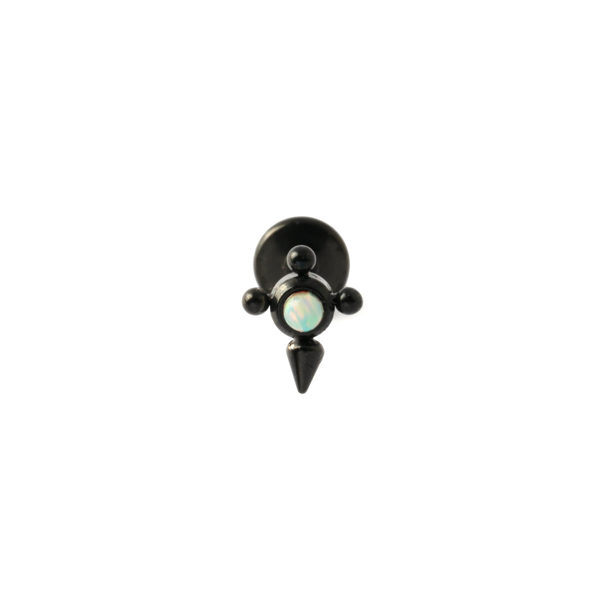 Barb Black Surgical Steel Labret with White Opal frontal view