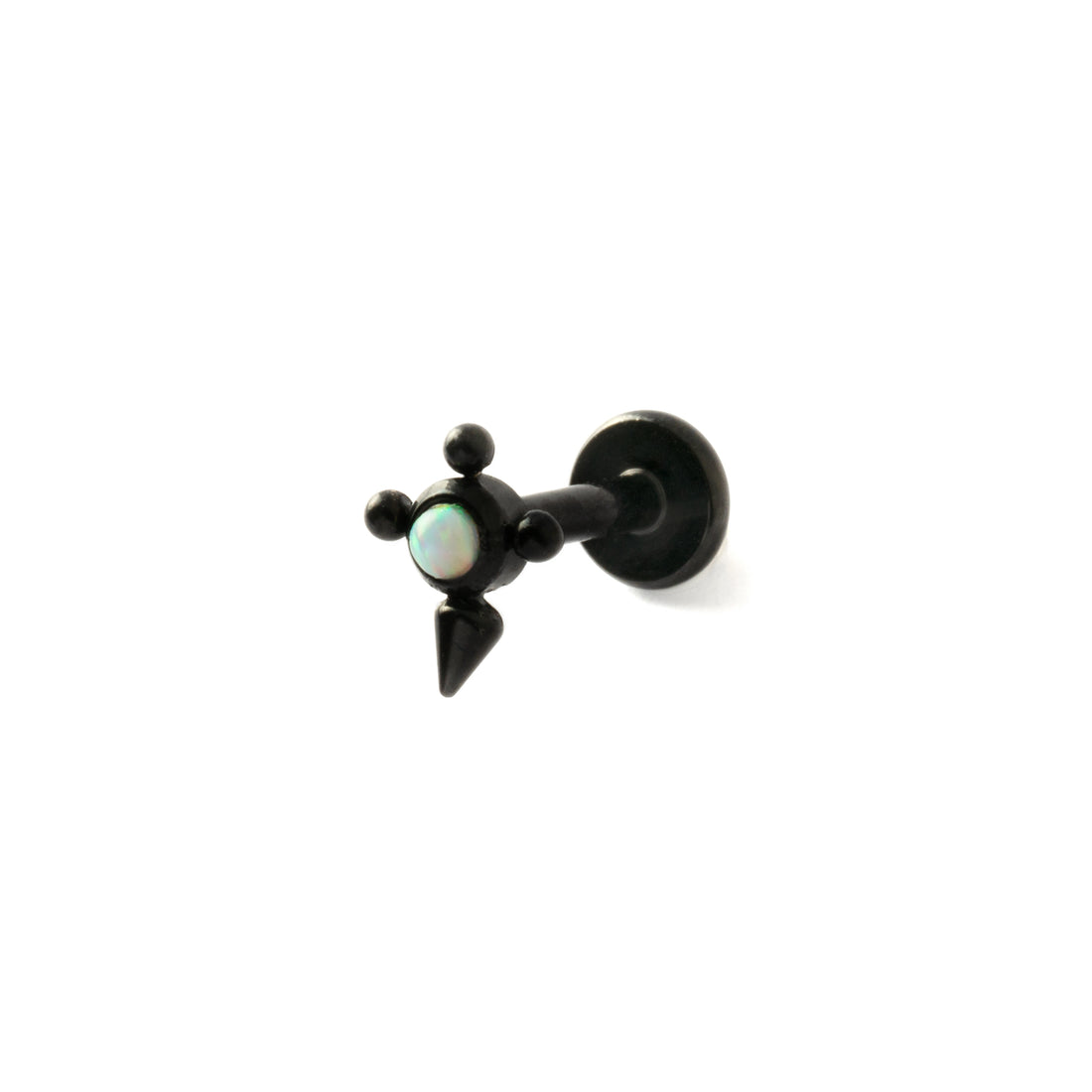 Barb Black Surgical Steel Labret with White Opal right side view