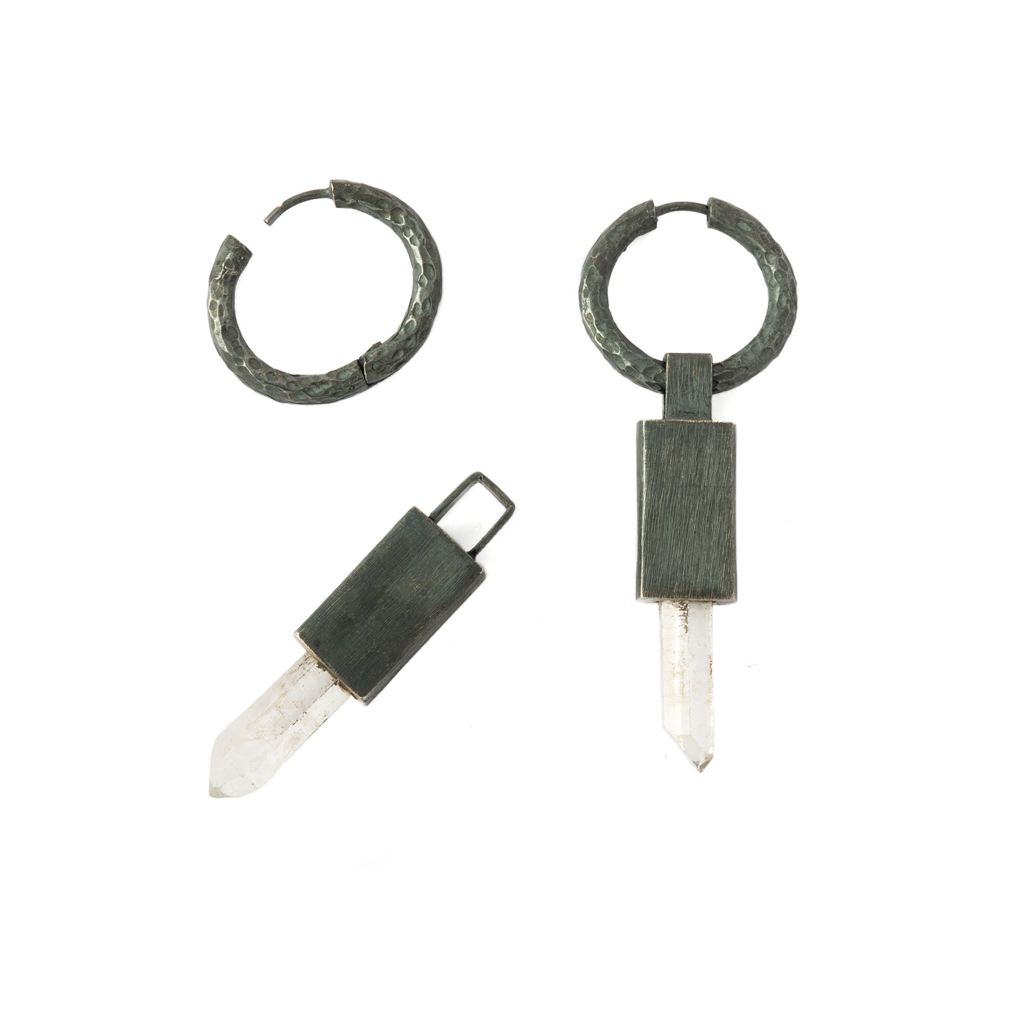 Black Silver Block Crystal Quartz drop Earrings frontal view - hoop and pendant are separate