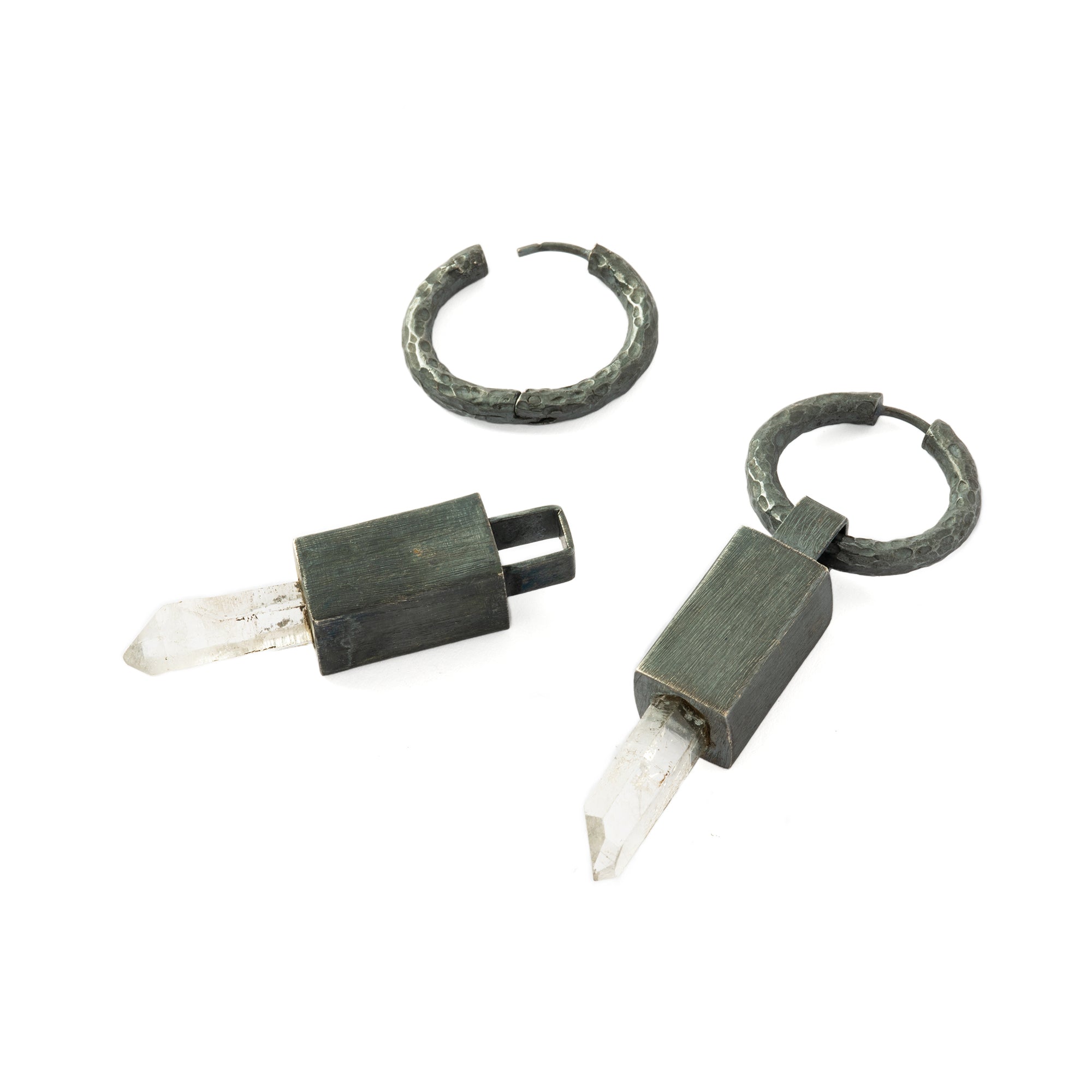 Black Silver Block Crystal Quartz drop Earrings side view - hoop and pendant are separate