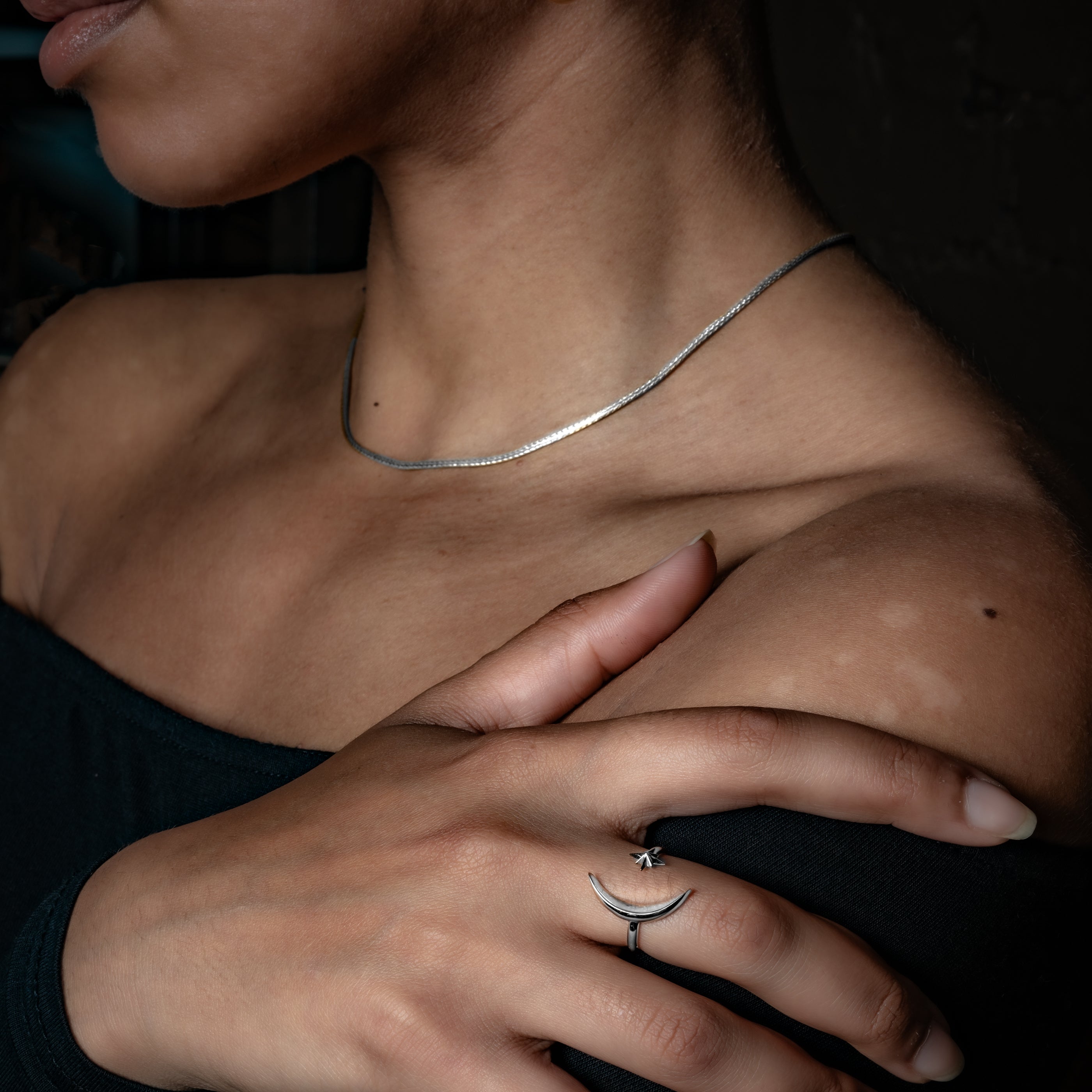 model wearingCelestial moon and star silver ring