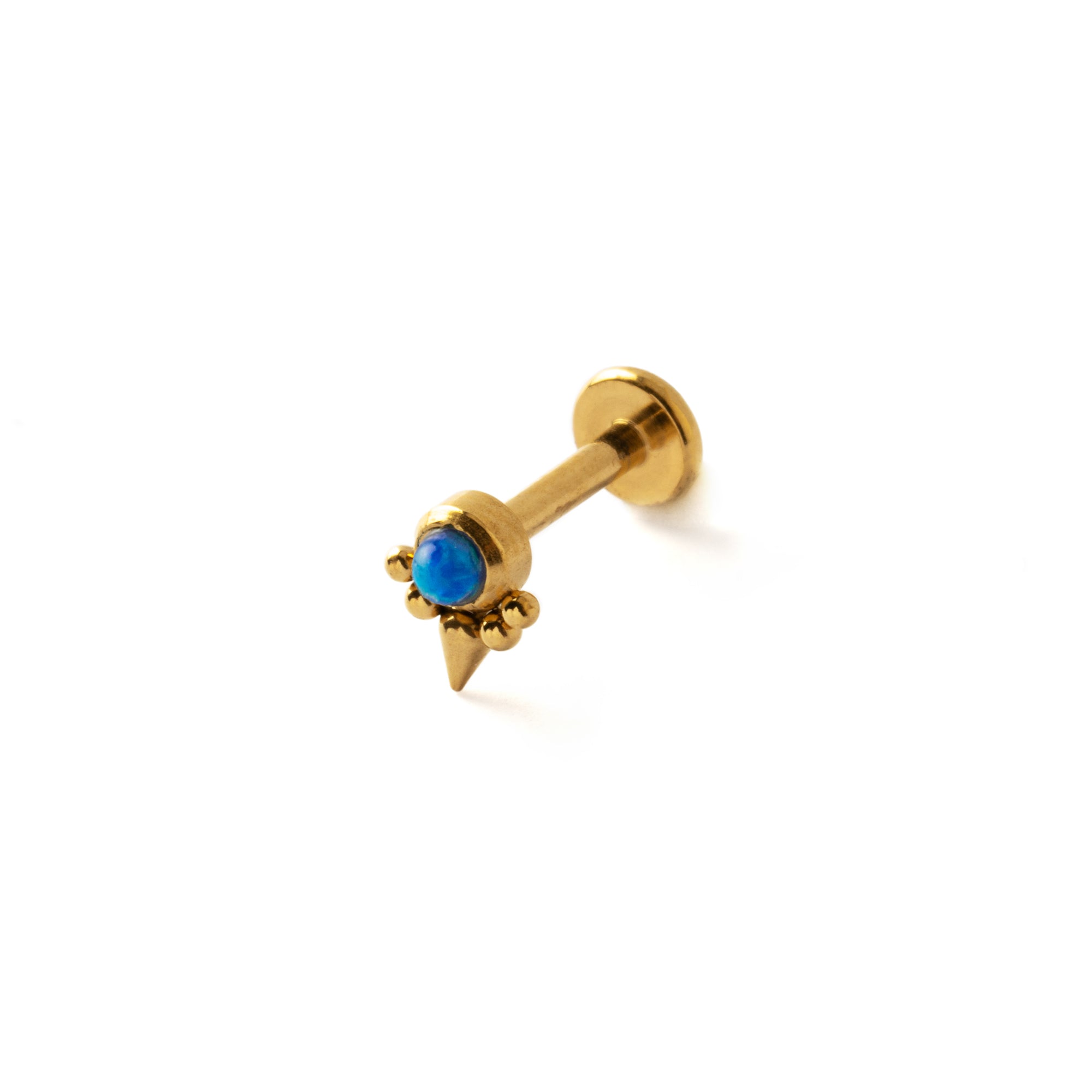 Elvira Gold surgical steel internally threaded Labret with Blue Opal right side view