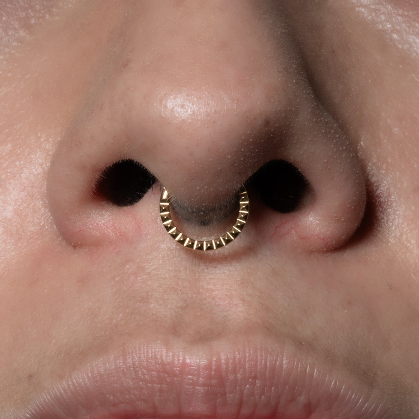 model wearing 14k Gold Giza Clicker Ring on her septum