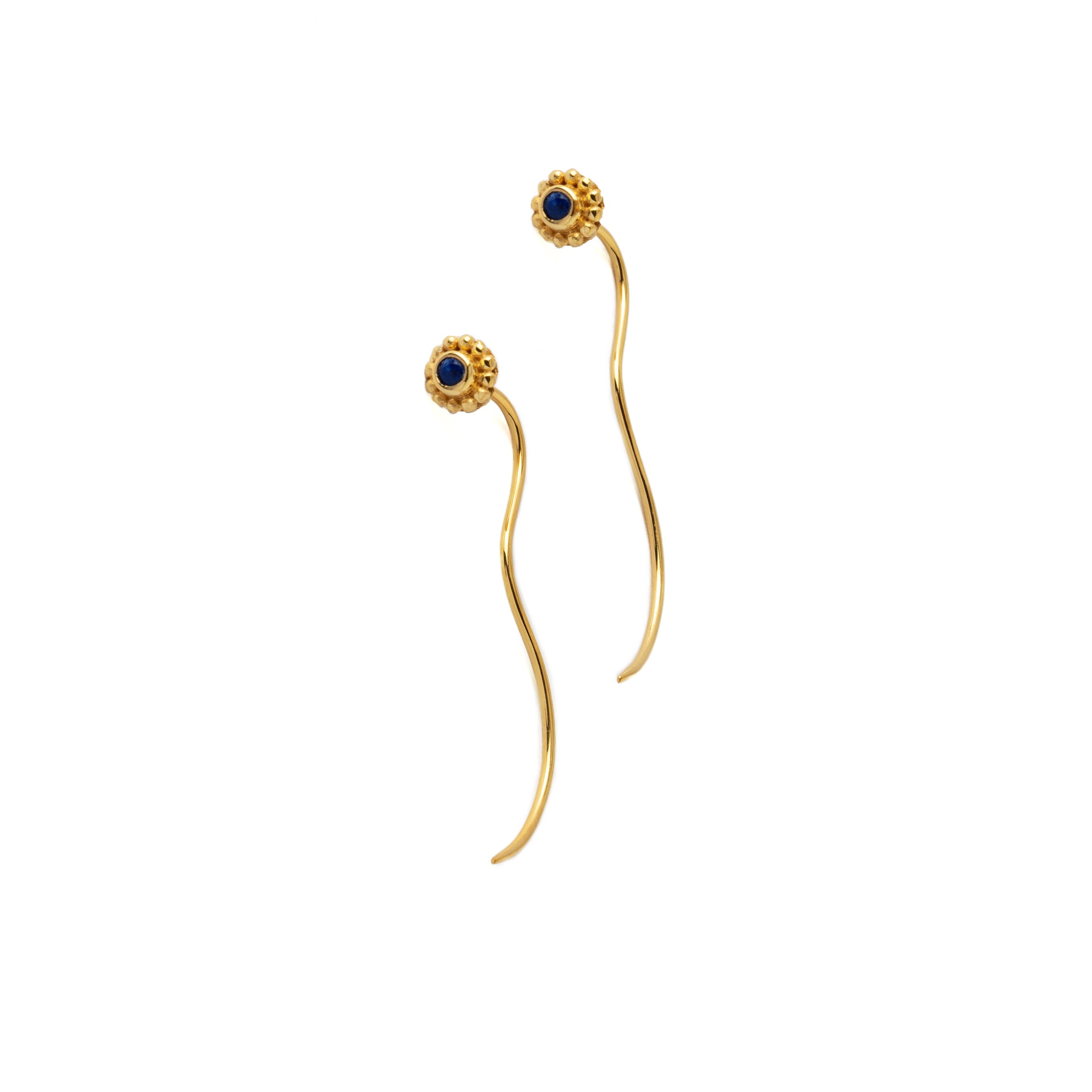 Gold Flower & Lapis Stem Earrings right side view