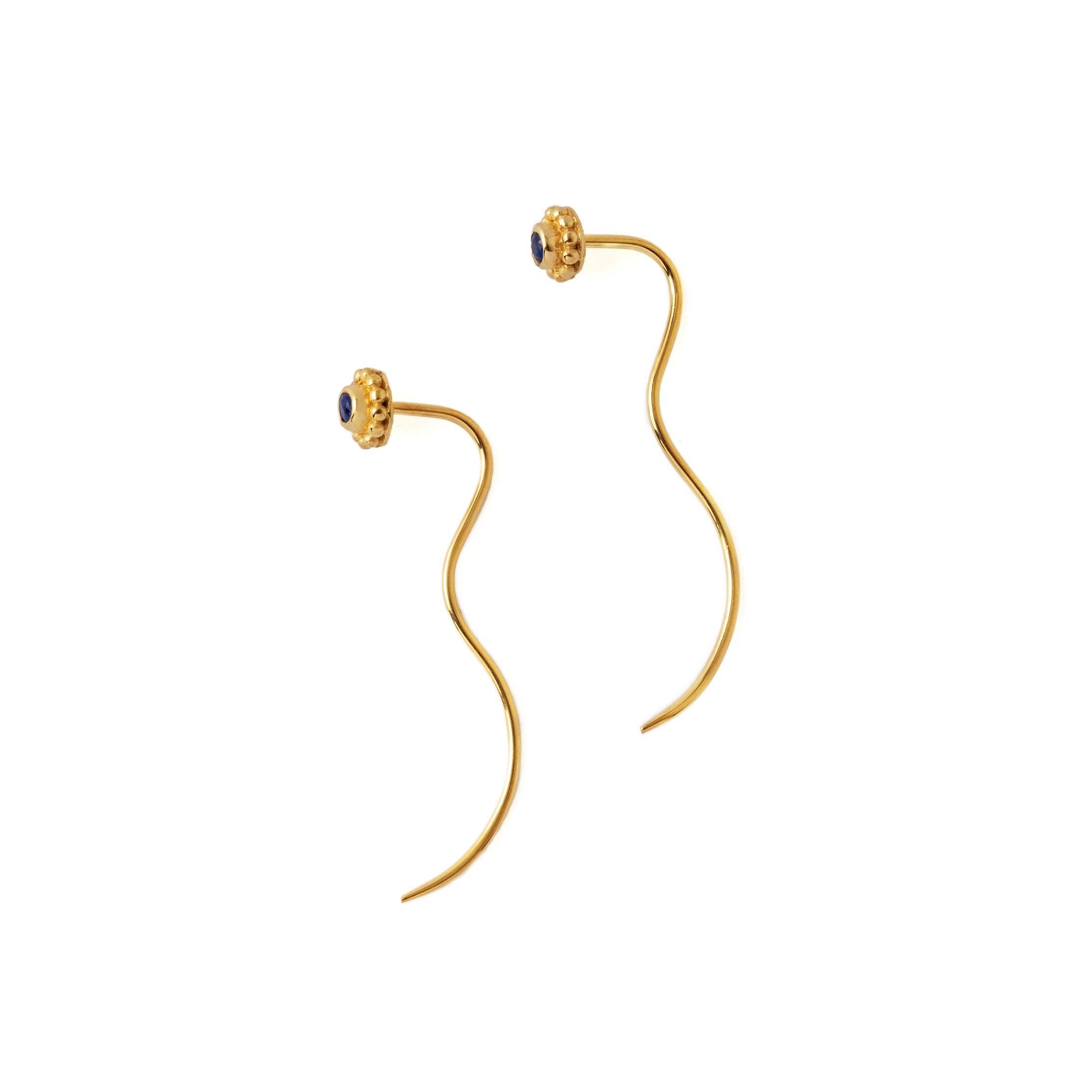 Gold Flower & Lapis Stem Earrings side view
