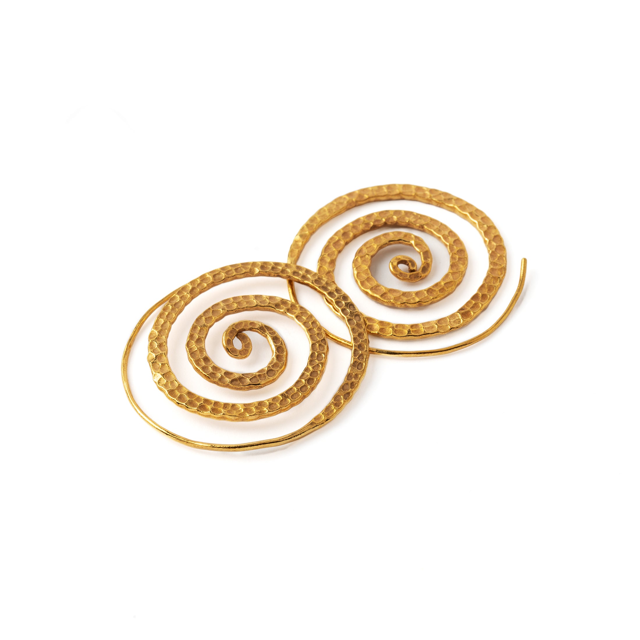 Gold Hammered Spiral Earrings front and side view