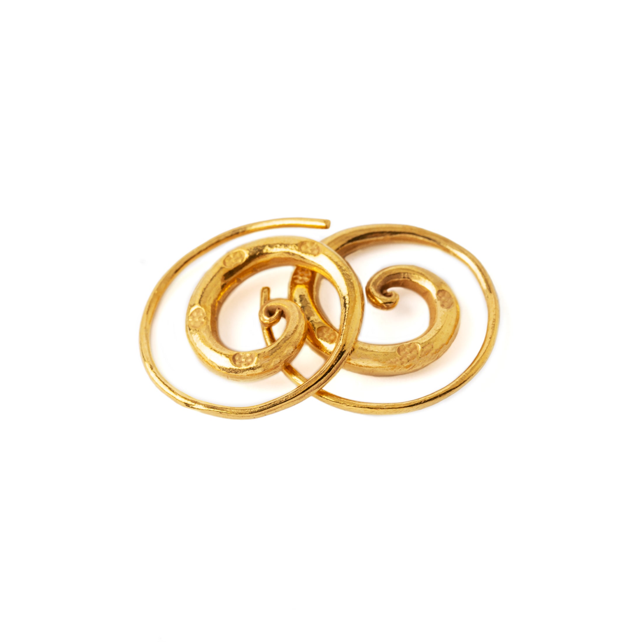 Stamped Gold Spiral Earrings front and side view