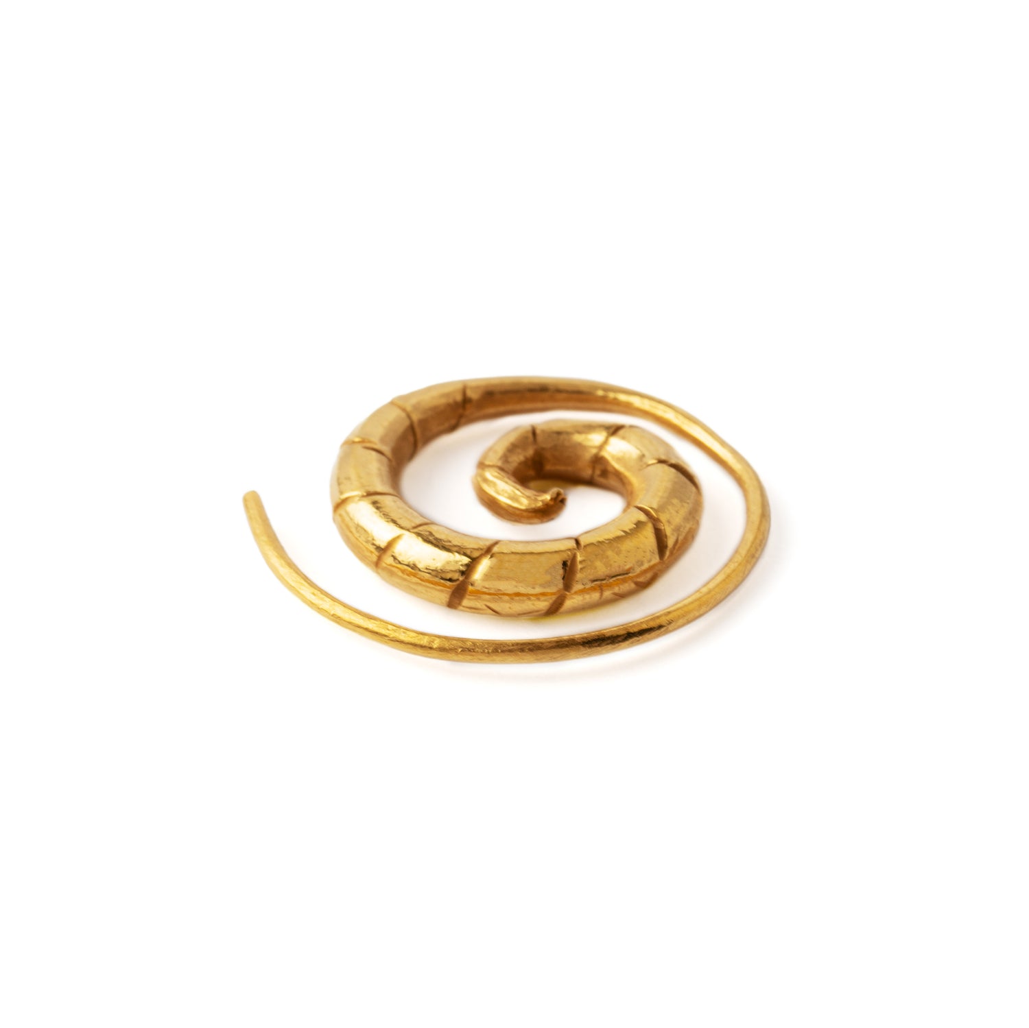 Gold Spiral Swirl Earrings side close up view