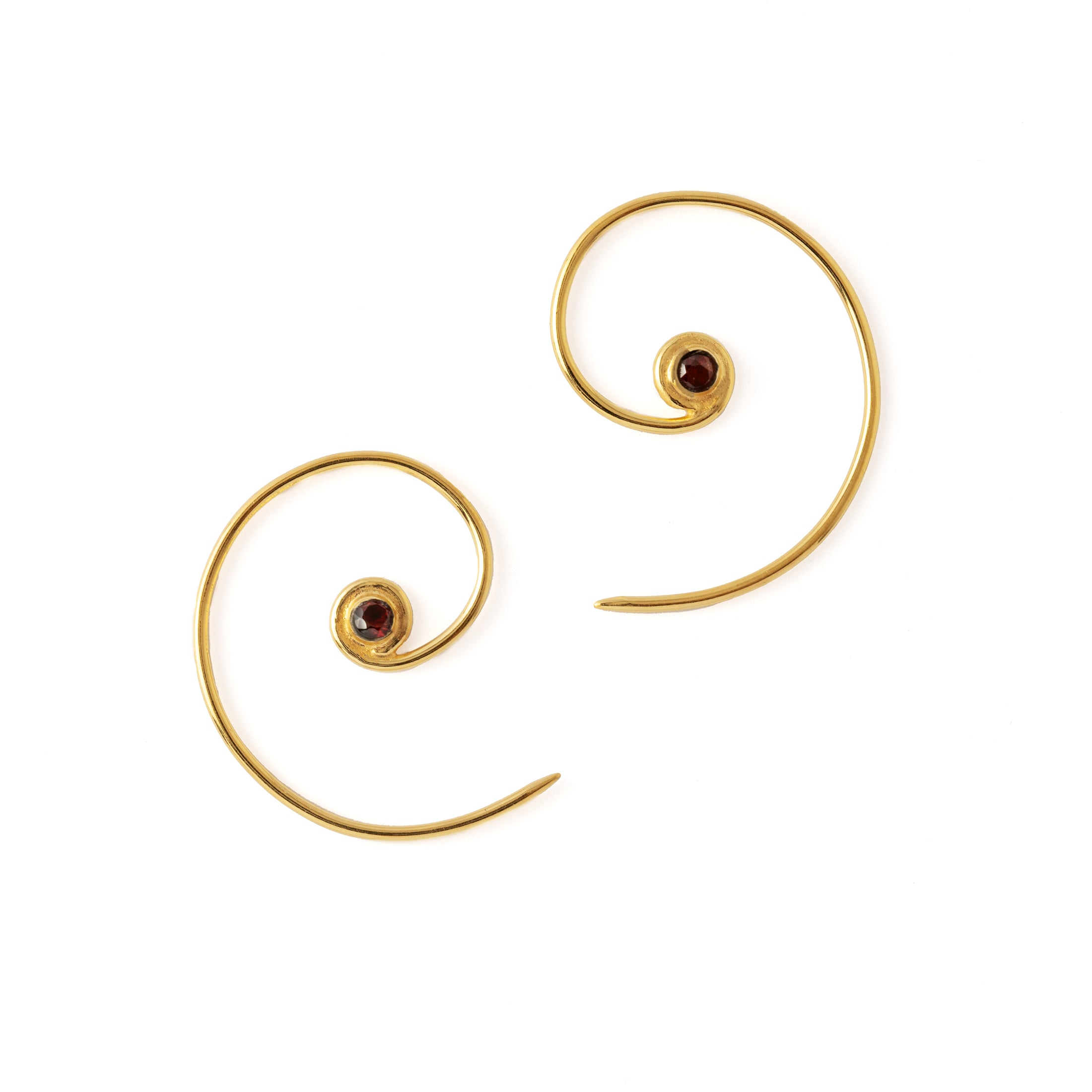 Gold & Garnet Koru Earrings frontal view