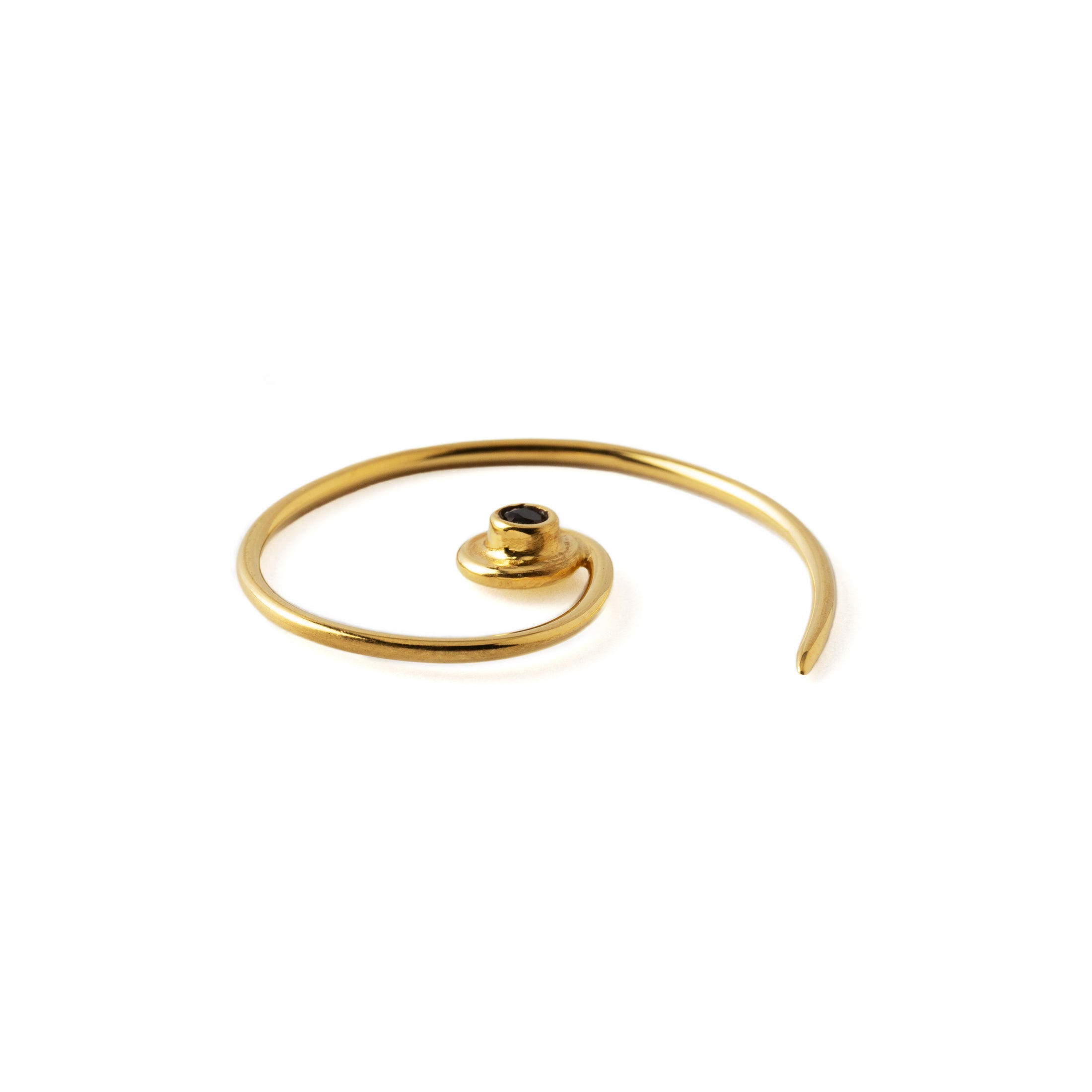 Gold & Garnet Koru Earrings side close up view