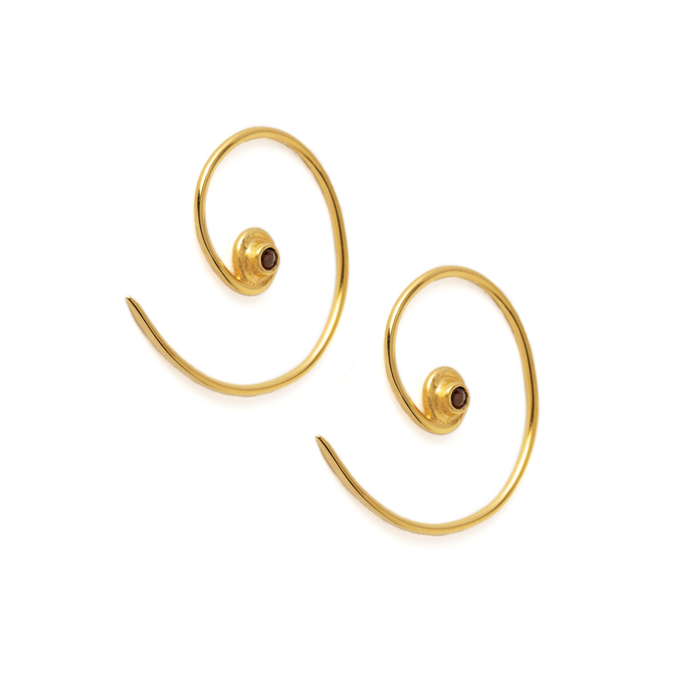 Gold & Garnet Koru Earrings right side view