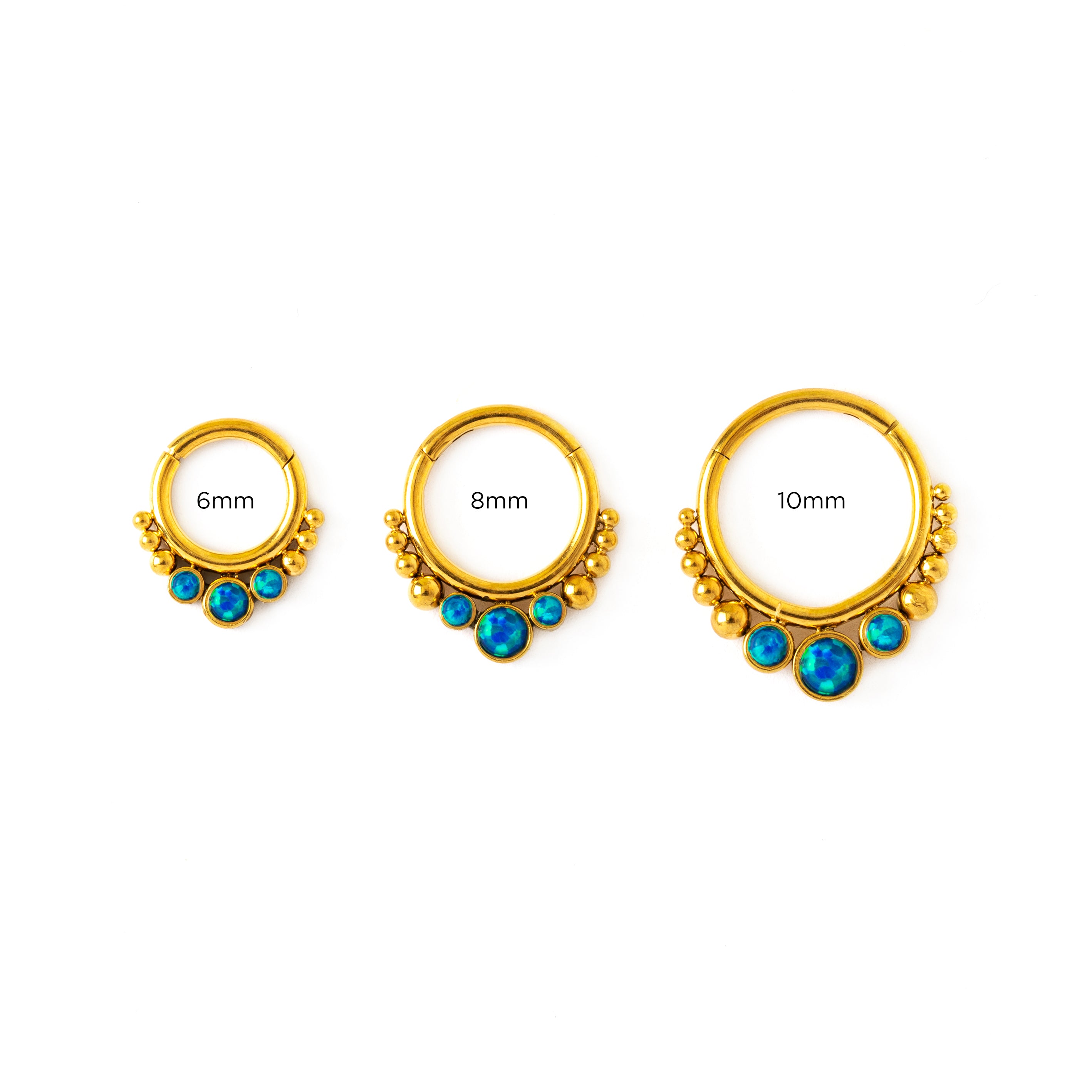 6mm, 8mm and 10mm Golden Siti Clicker Ring with Blue Opal