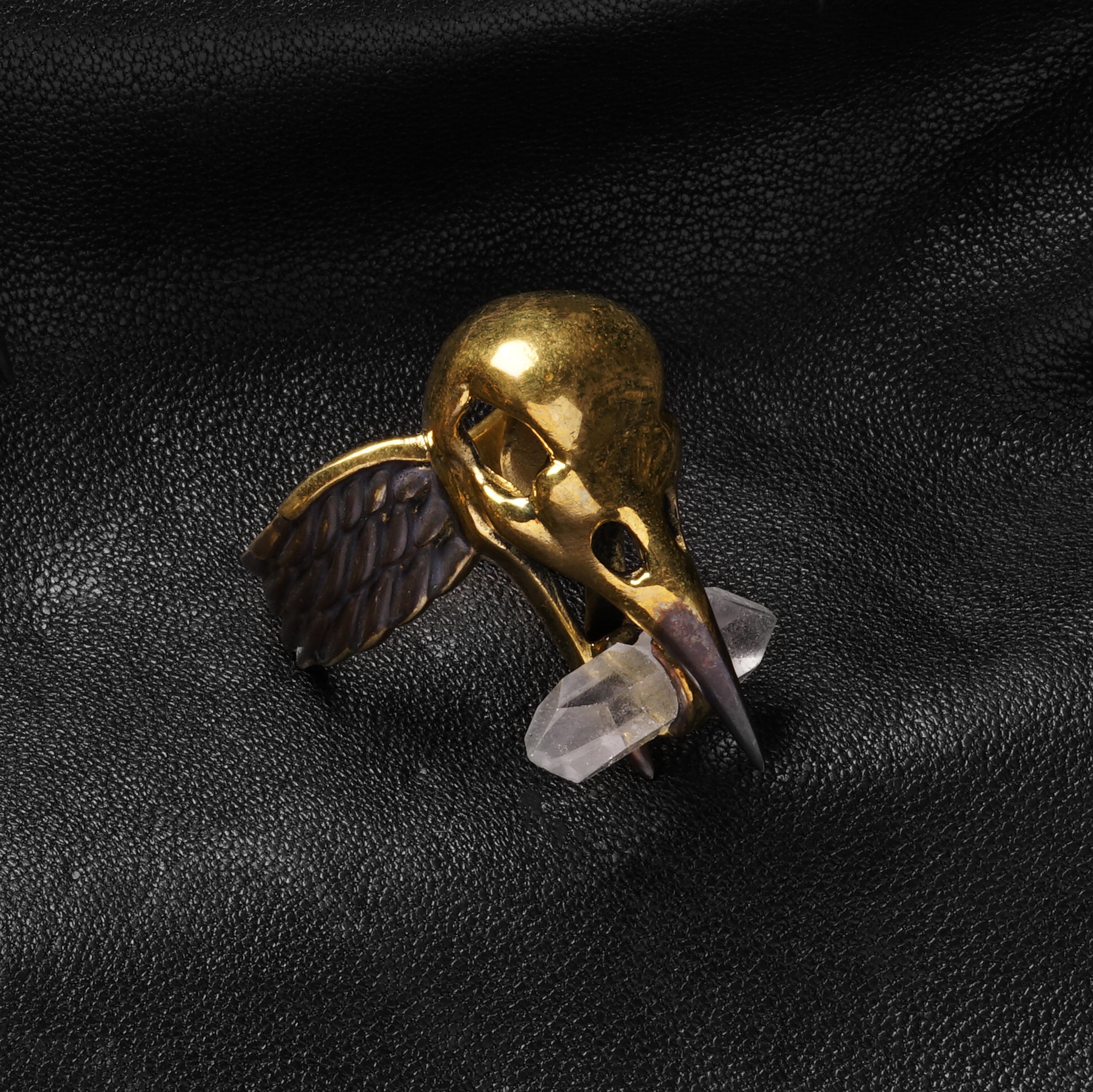 Raven Skull with Quartz Ring