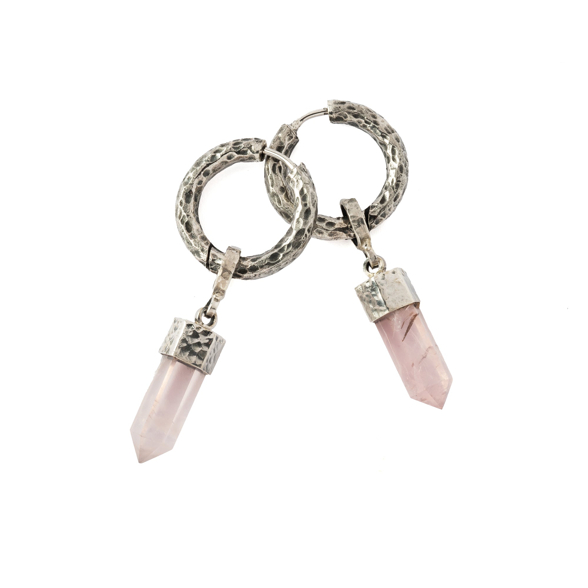 pair of Hammered Sterling Silver hoop earrings with Rose Quartz pendant