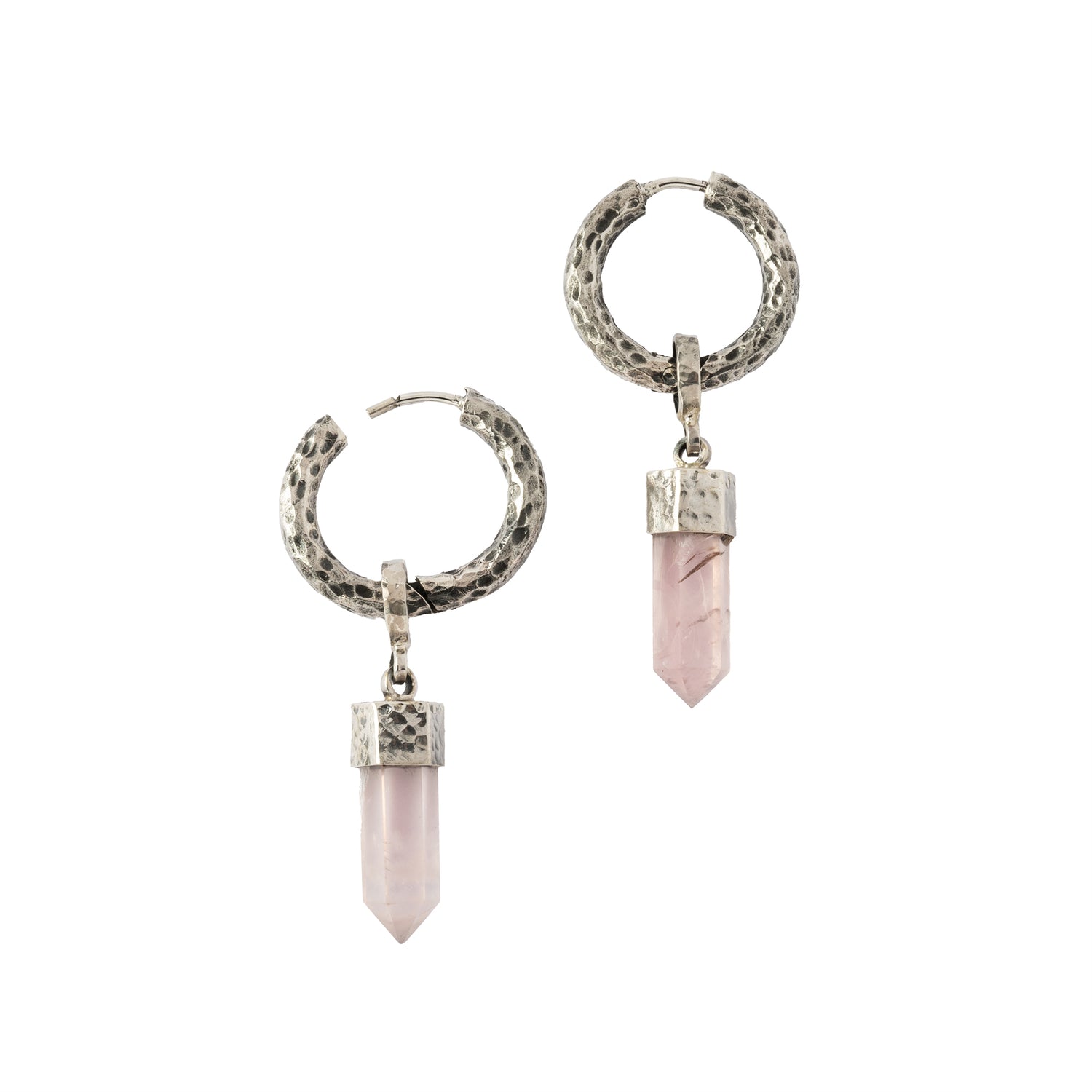 Hammered Sterling Silver hoop earrings with Rose Quartz pendant frontal open mode view