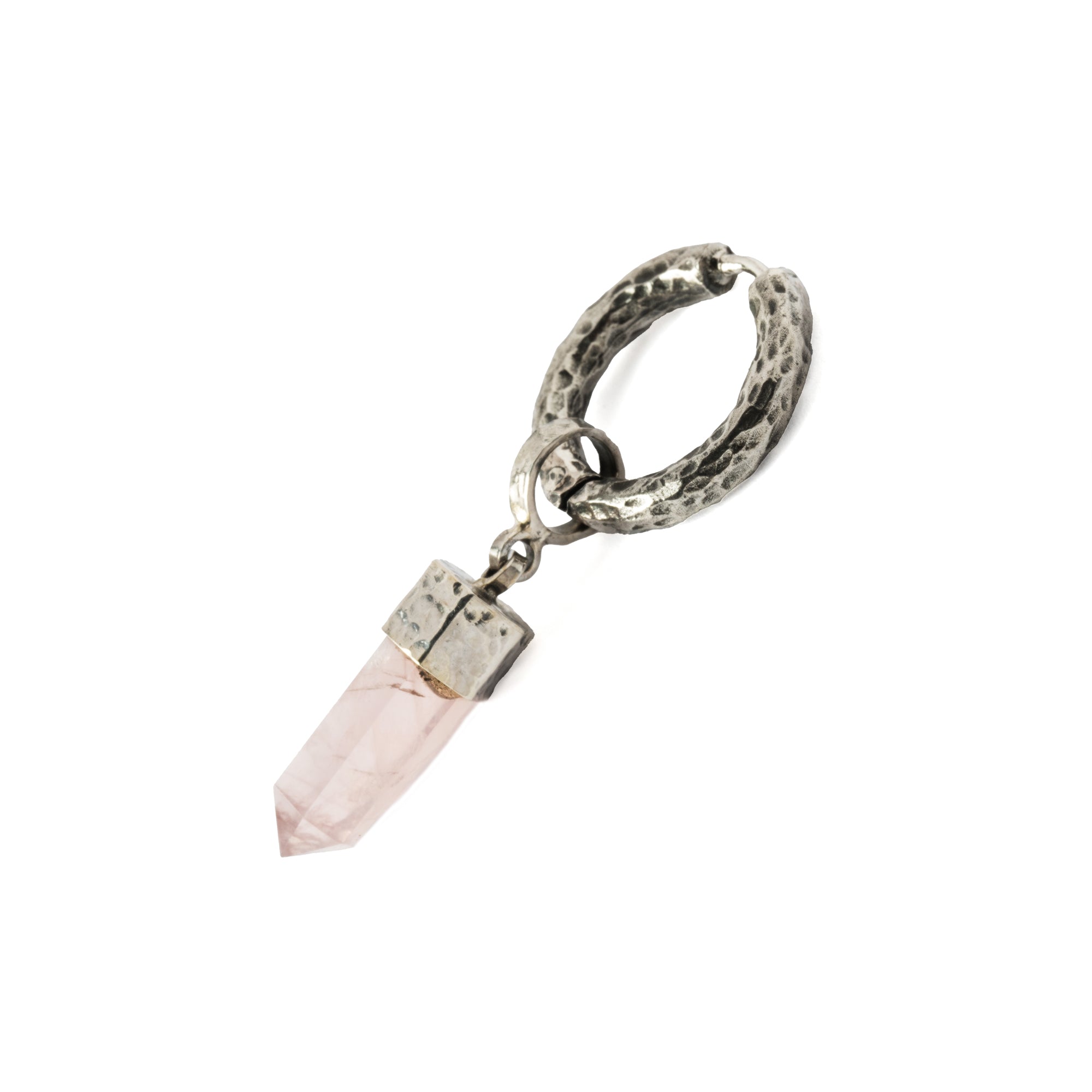 Hammered Sterling Silver hoop earring with Rose Quartz pendant side view