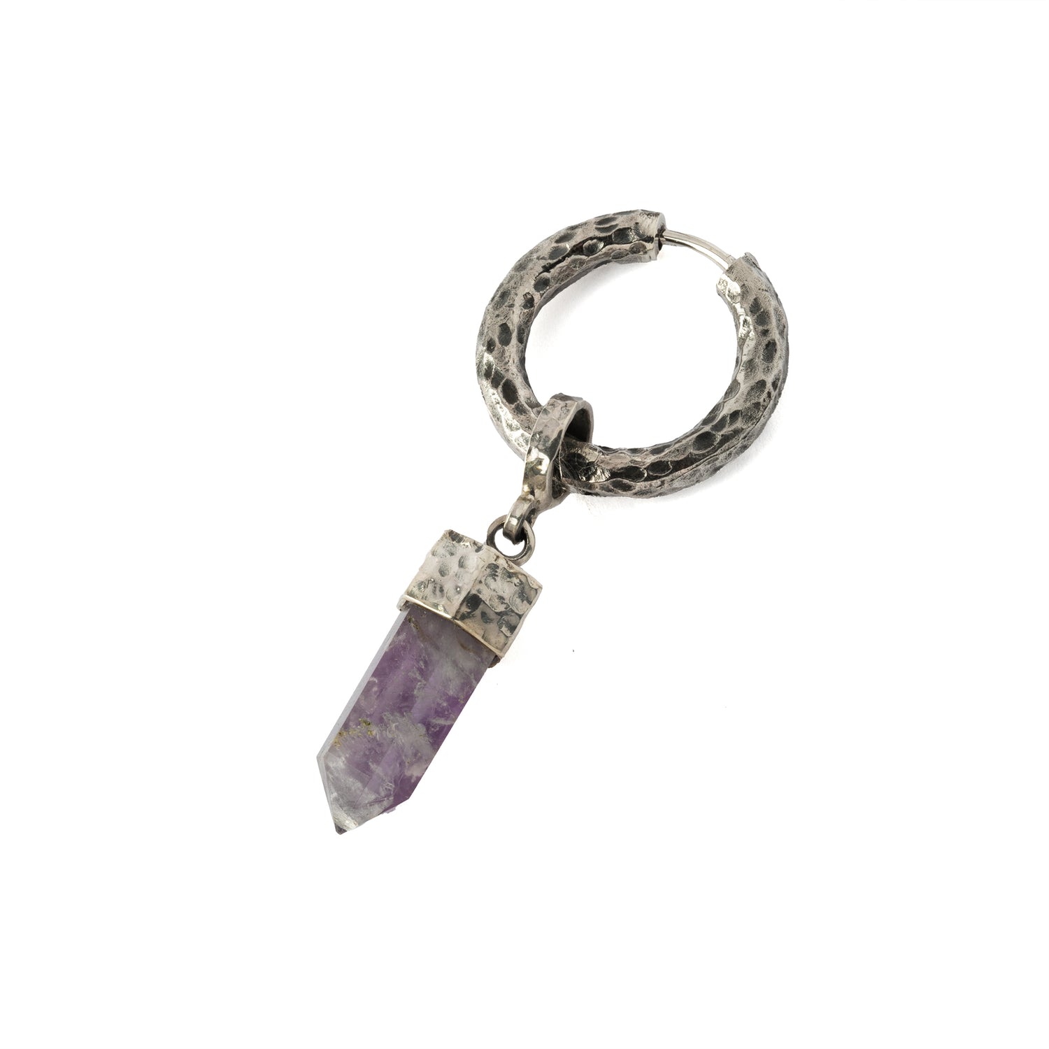 Hammered Sterling Silver hoop earring with Amethyst pendant right side view
