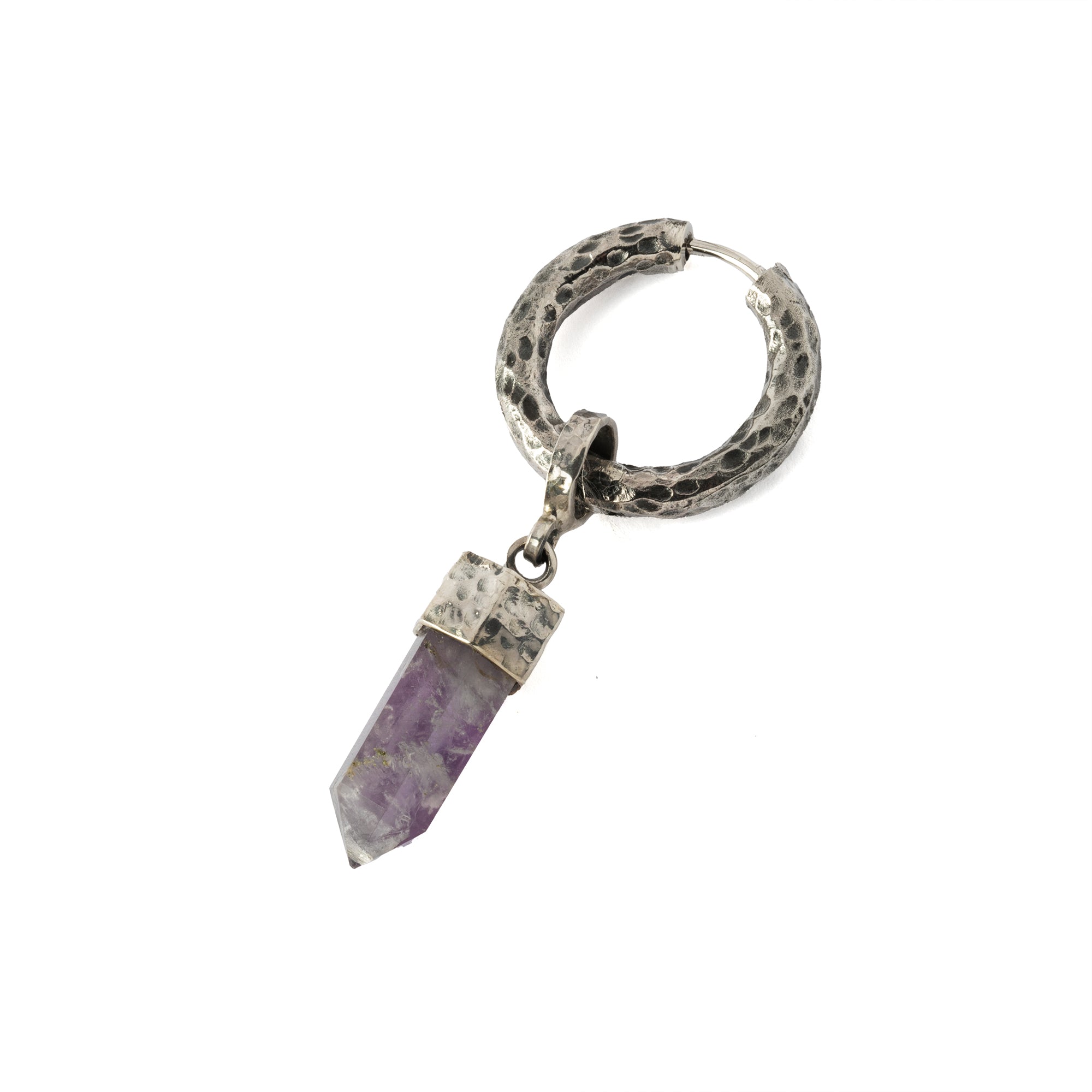 Hammered Sterling Silver hoop earring with Amethyst pendant right side view