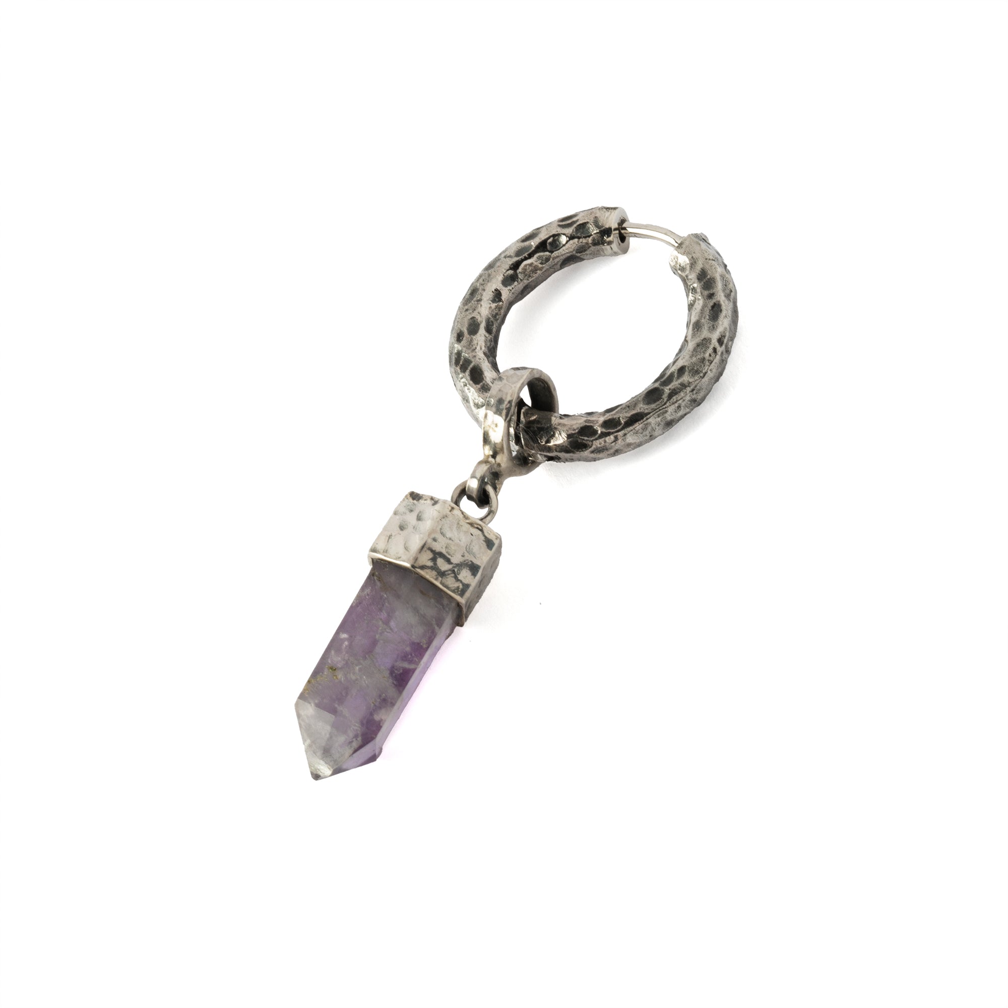 Hammered Sterling Silver hoop earring with Amethyst pendant right side view