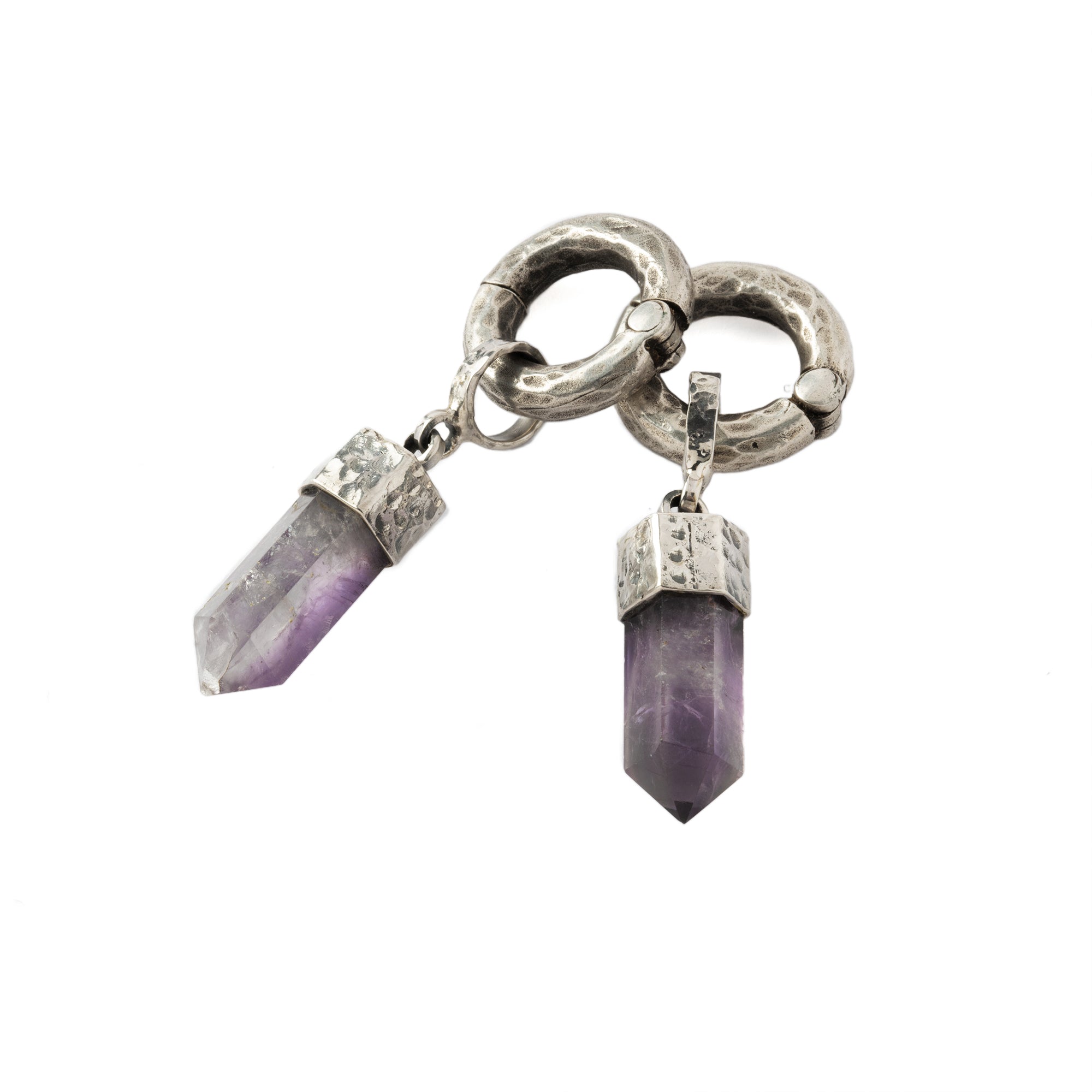 hammered sterling silver ear weight hoop hangers with Amethyst pendant