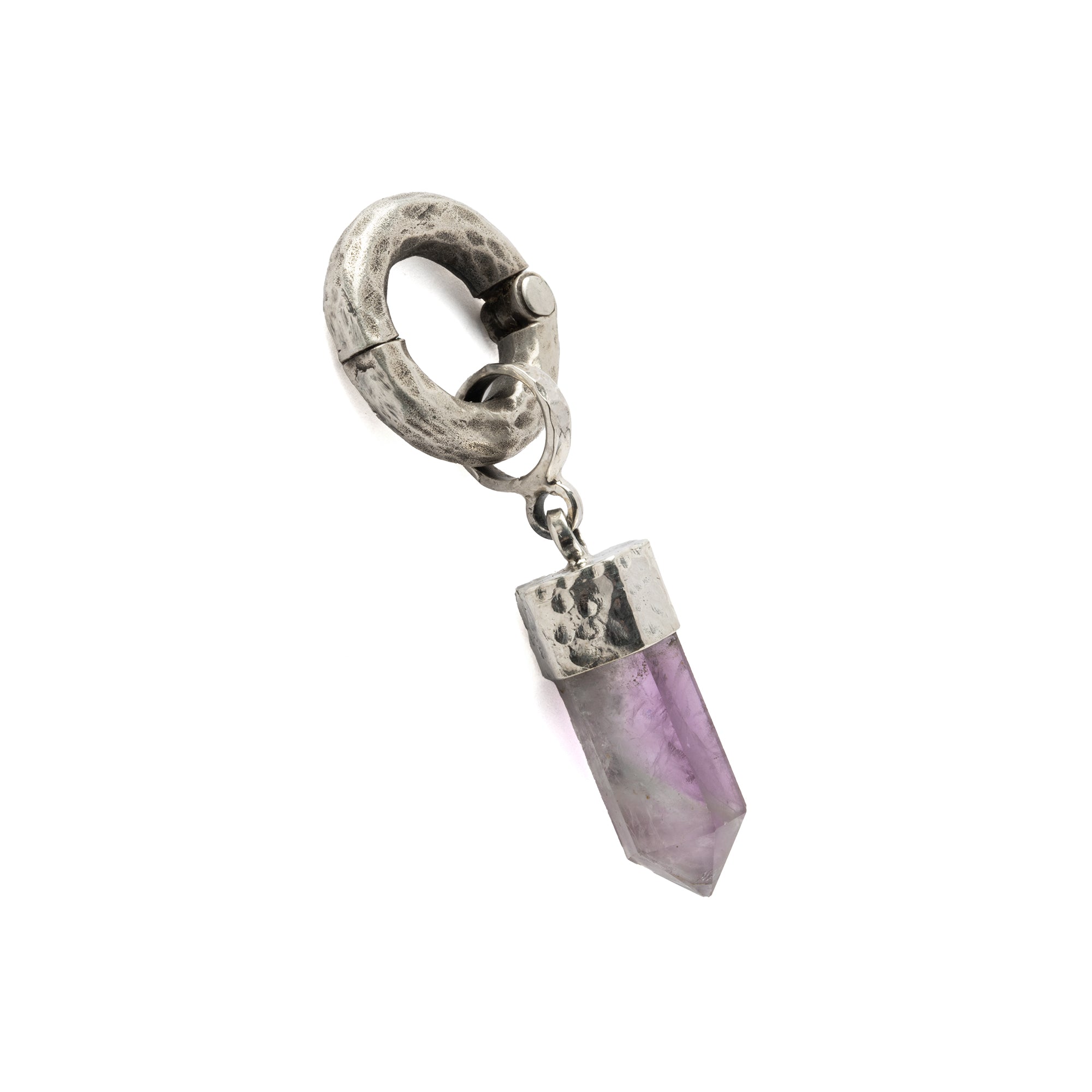 hammered sterling silver ear weight hoop hanger with Amethyst pendant left side view
