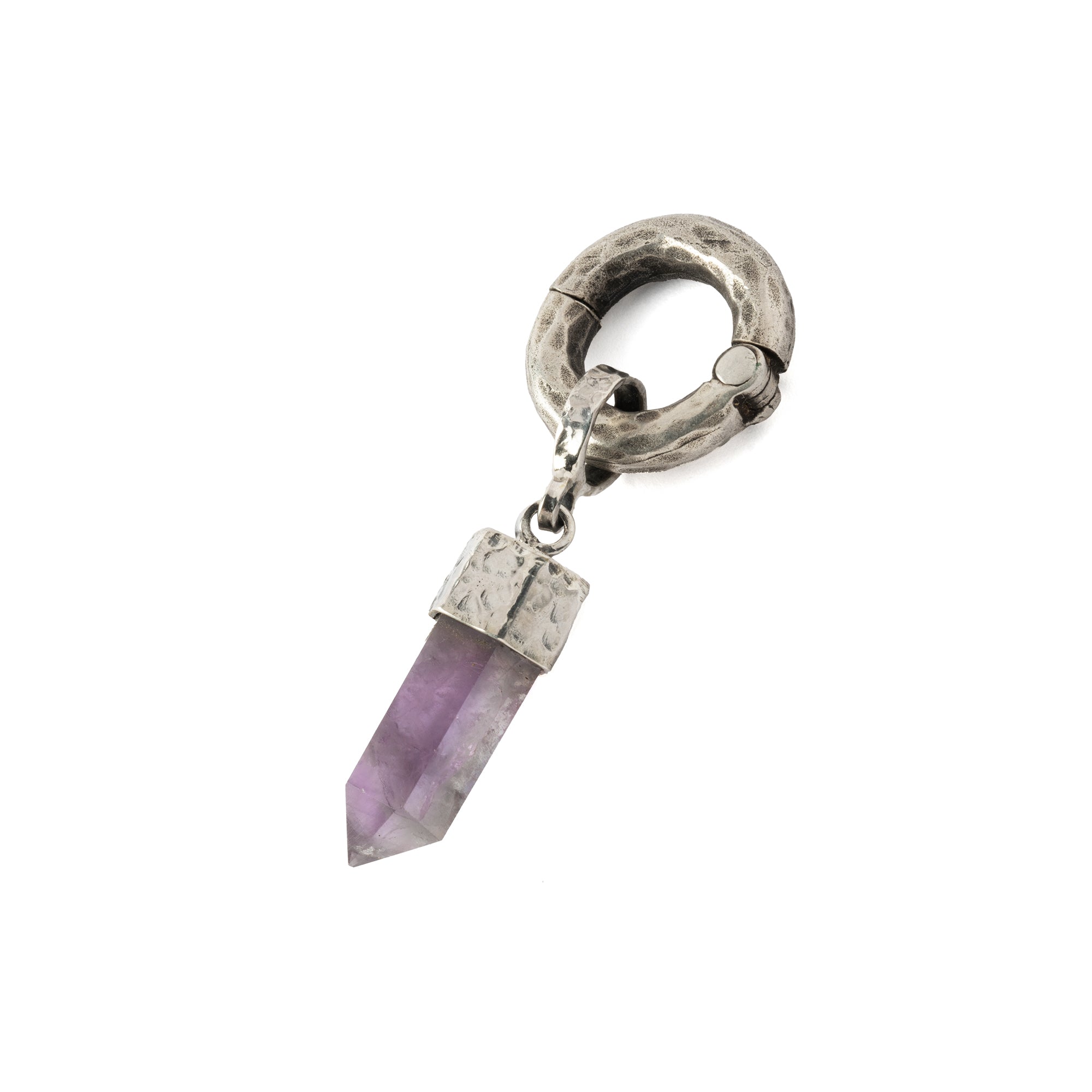 hammered sterling silver ear weight hoop hanger with Amethyst pendant right side view