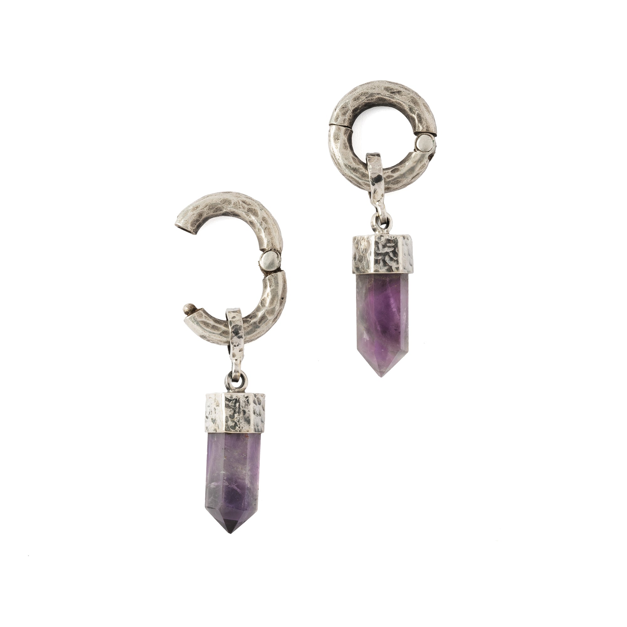 hammered sterling silver ear weight hoop hangers with Amethyst pendant open mode view