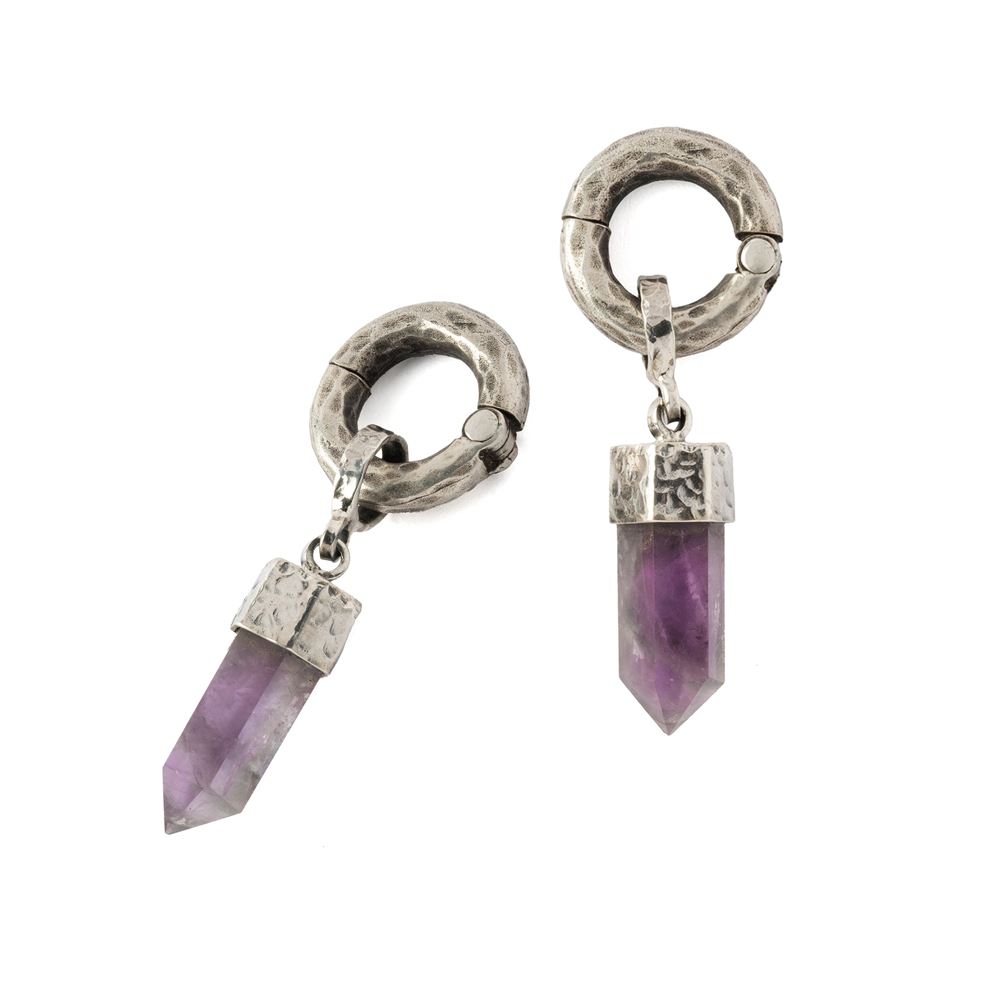hammered sterling silver ear weight hoop hangers with Amethyst pendant front and side view
