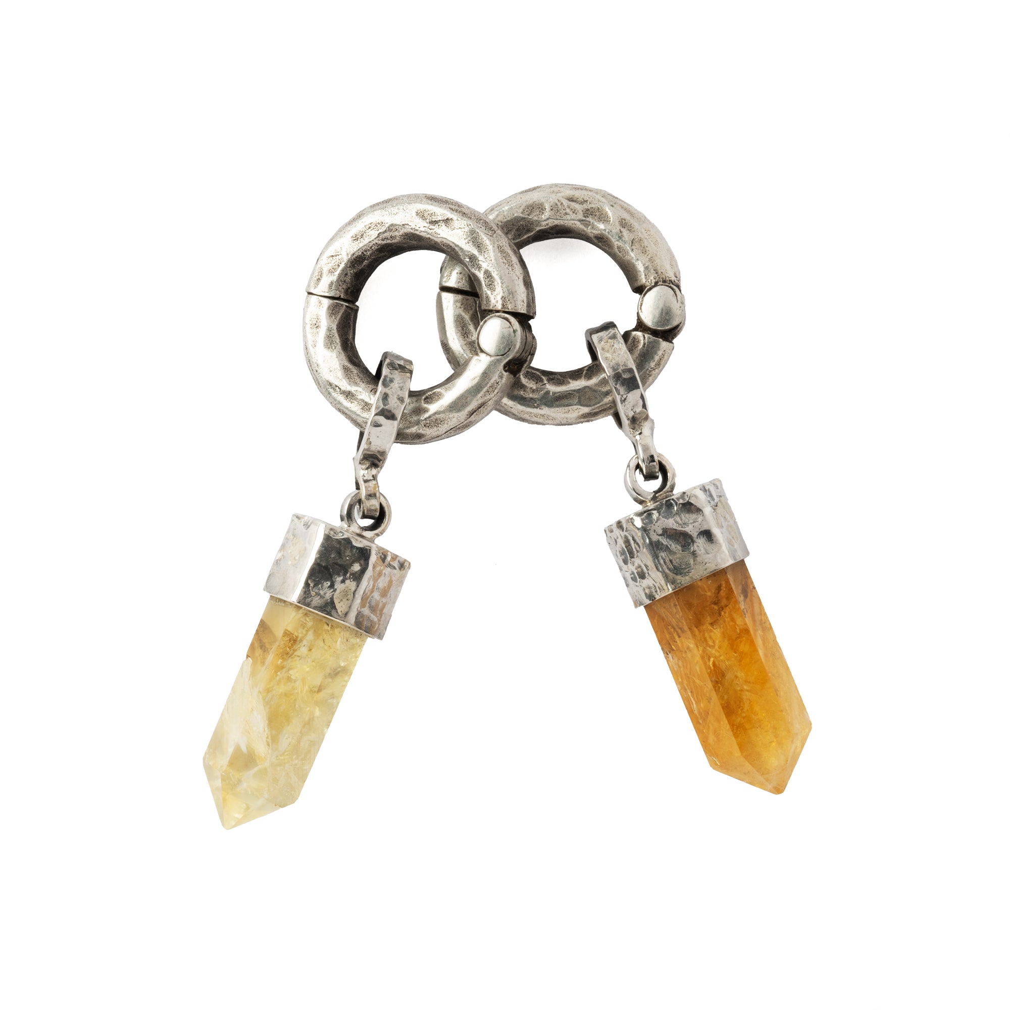 pair of hammered sterling silver ear weight hoop hangers with Citrin pendant right side view