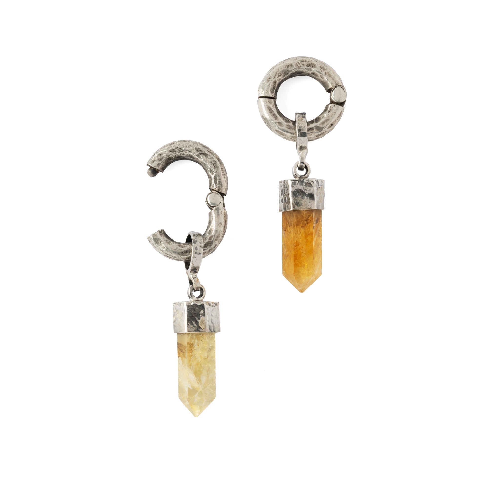 hammered sterling silver ear weight hoop hangers with Citrin frontal, open mode view