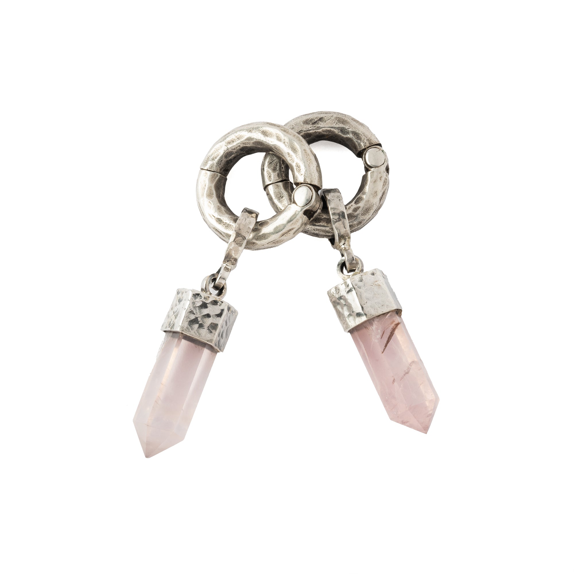 hammered sterling silver hoop ear weight hangers with Rose Quartz frontal view