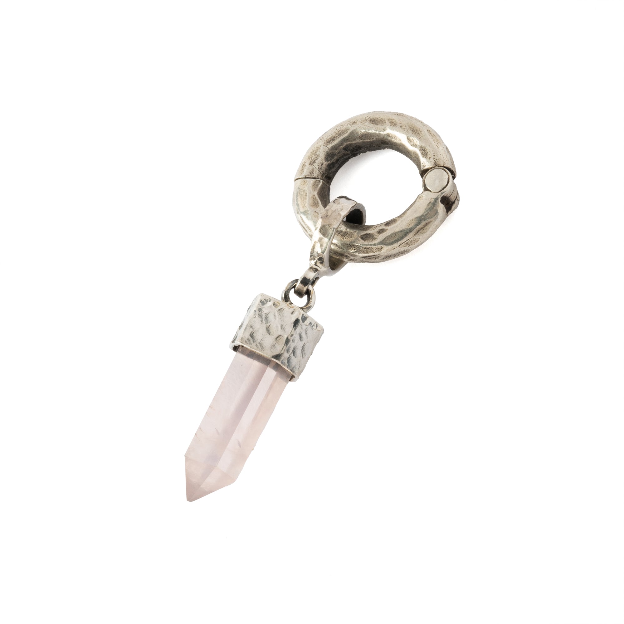hammered sterling silver hoop ear weight hanger with Rose Quartz right side view