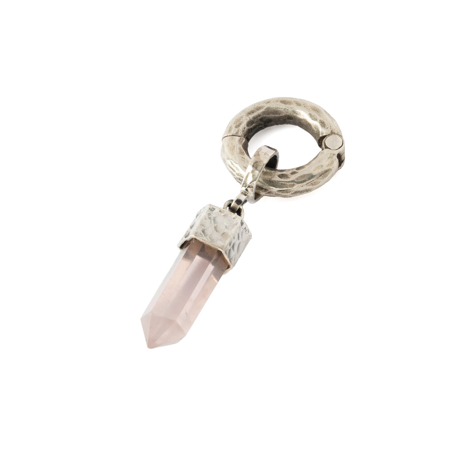 hammered sterling silver hoop ear weight hanger with Rose Quartz right-side view