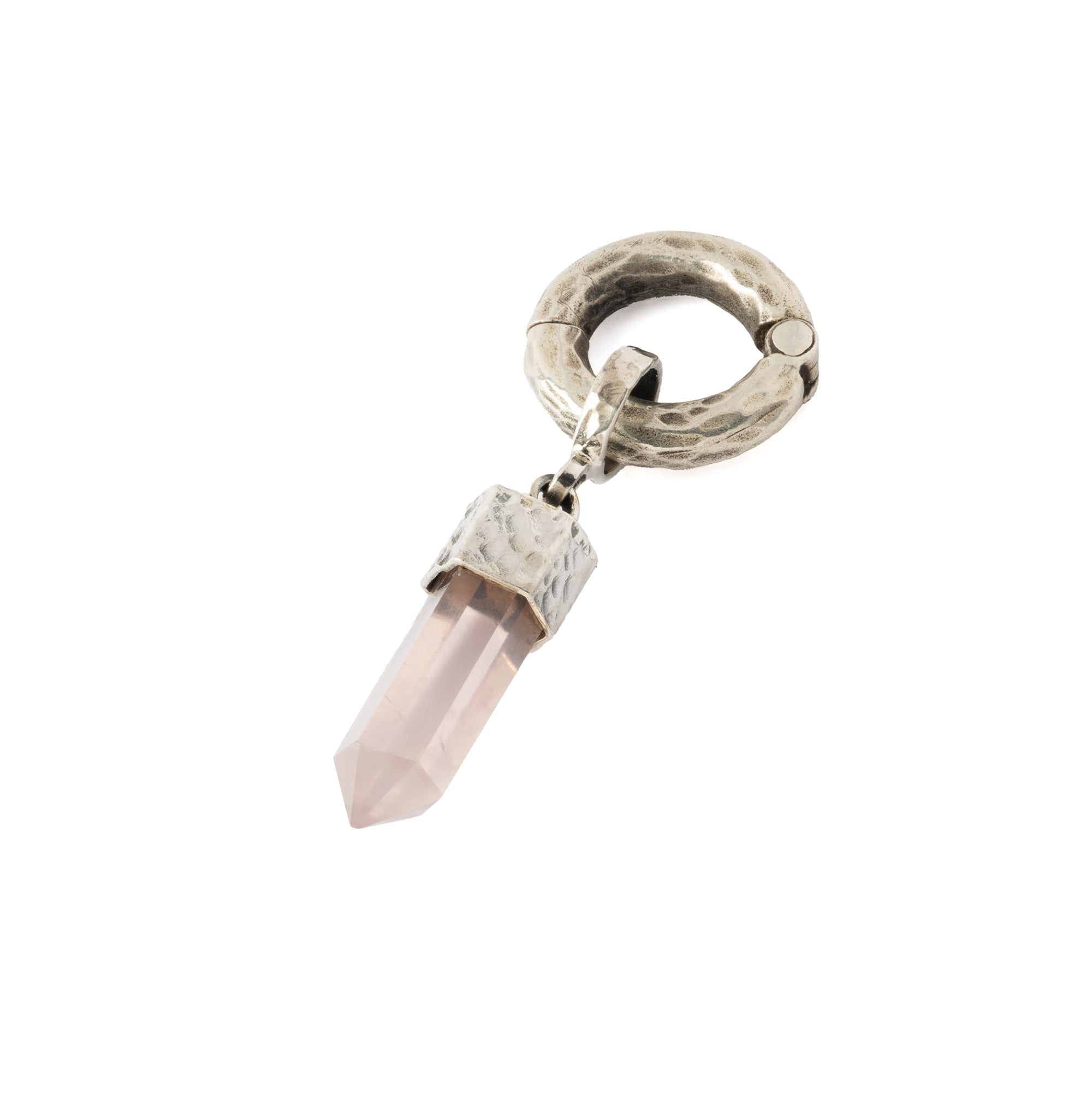 hammered sterling silver hoop ear weight hanger with Rose Quartz right-side view