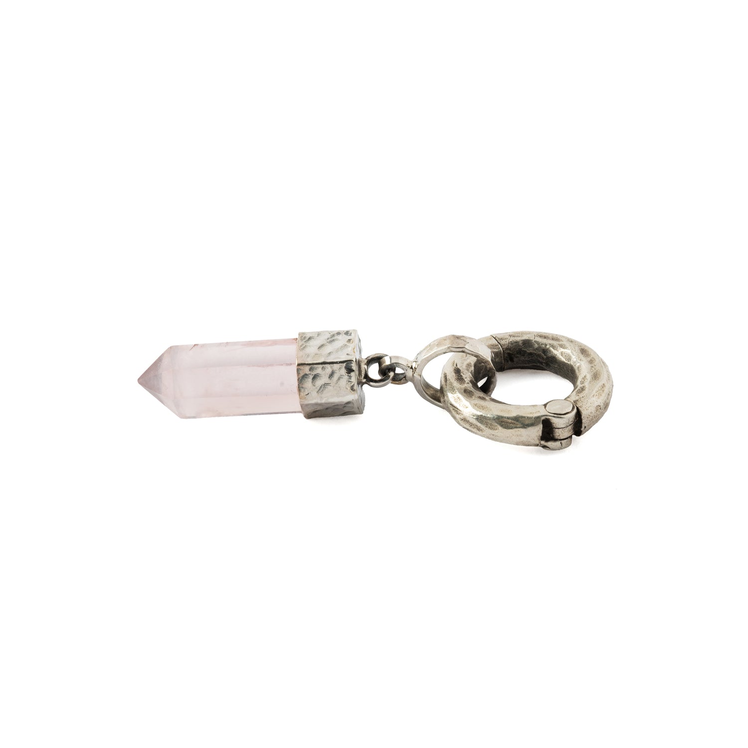 hammered sterling silver hoop ear weight hanger with Rose Quartz side view