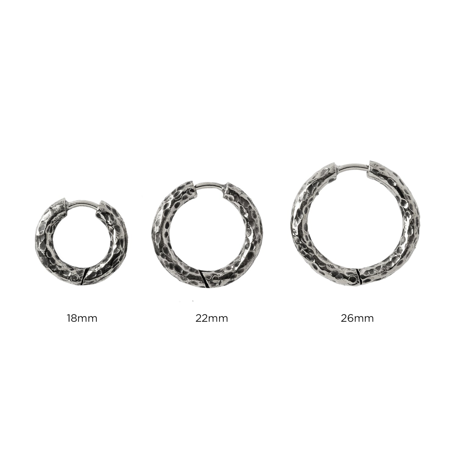 18mm, 22mm and 26mm Hammered Silver Clicker Hoops earrings