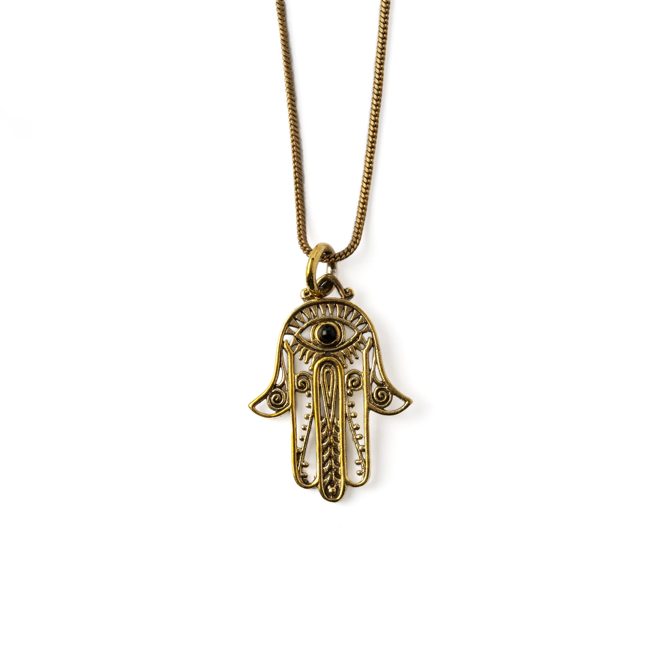 Hamsa Evil Eye Necklace frontal view with Black Onyx