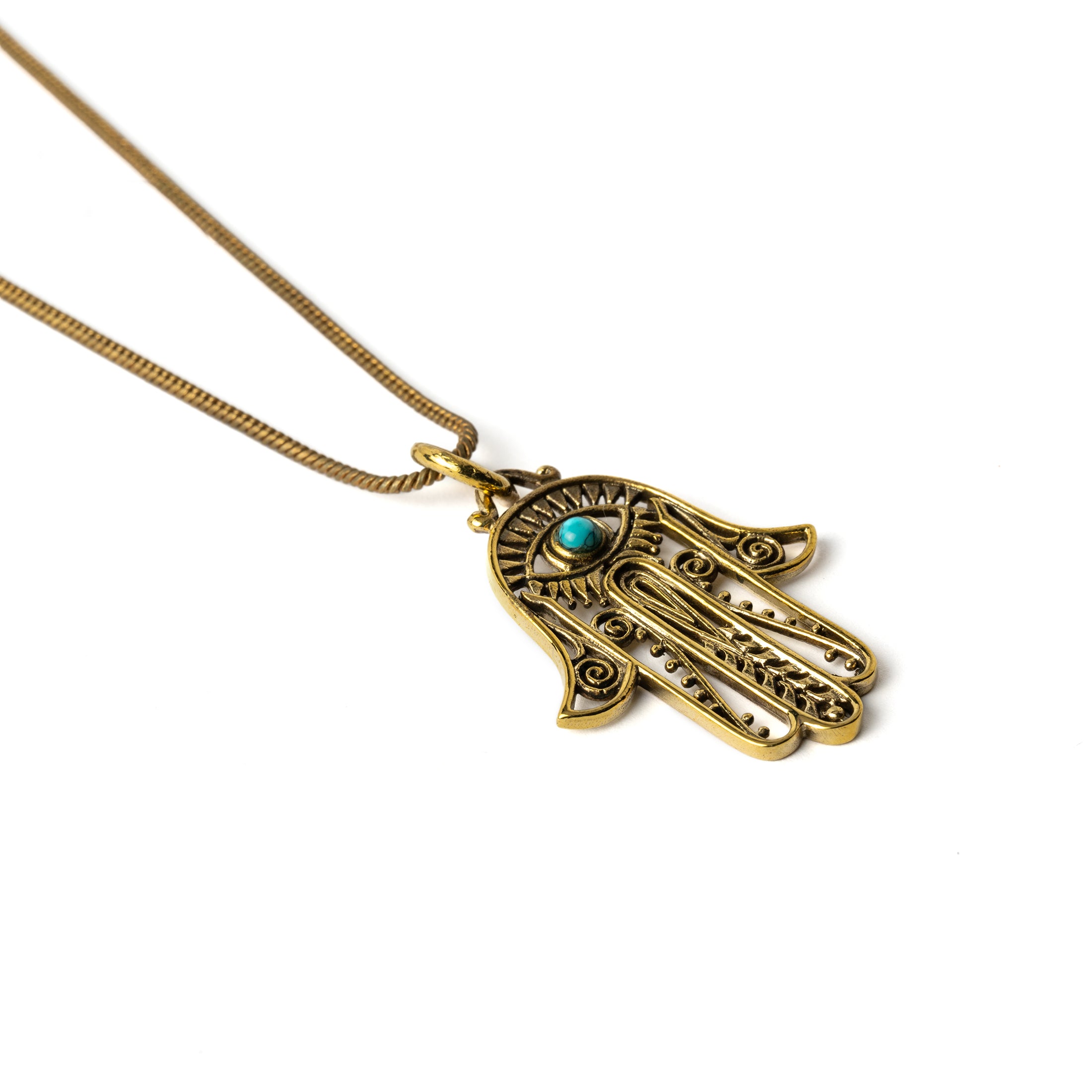 Hamsa Evil Eye Necklace left side view with Turquoise