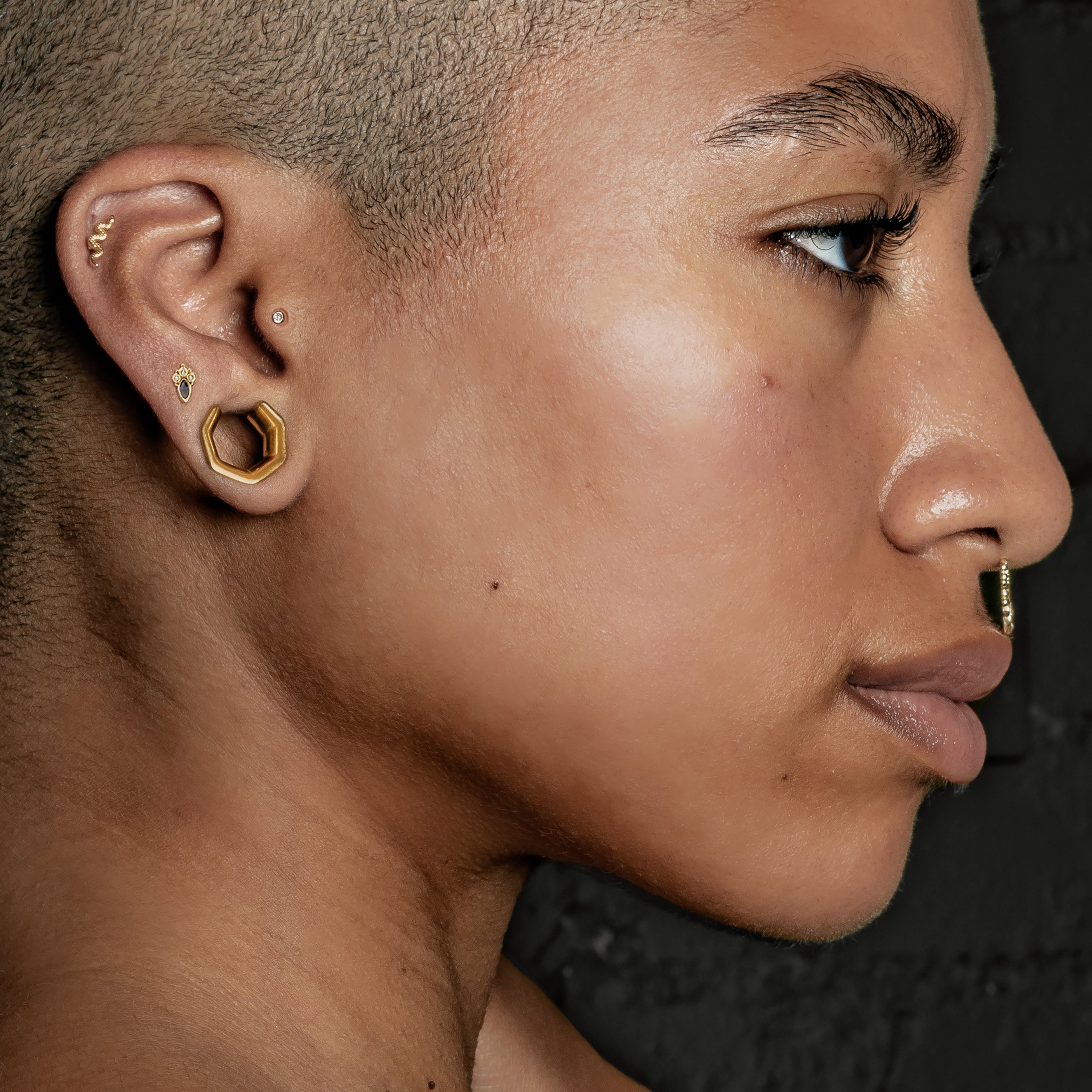 model wearing 14k Gold Jasmine Labret