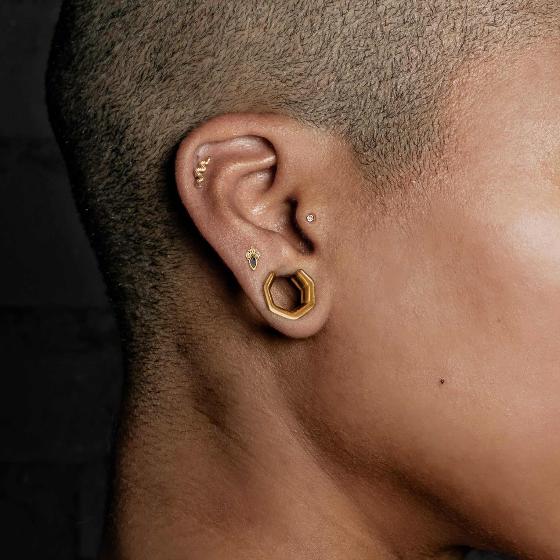 model wearing 14k Gold Jasmine Labret