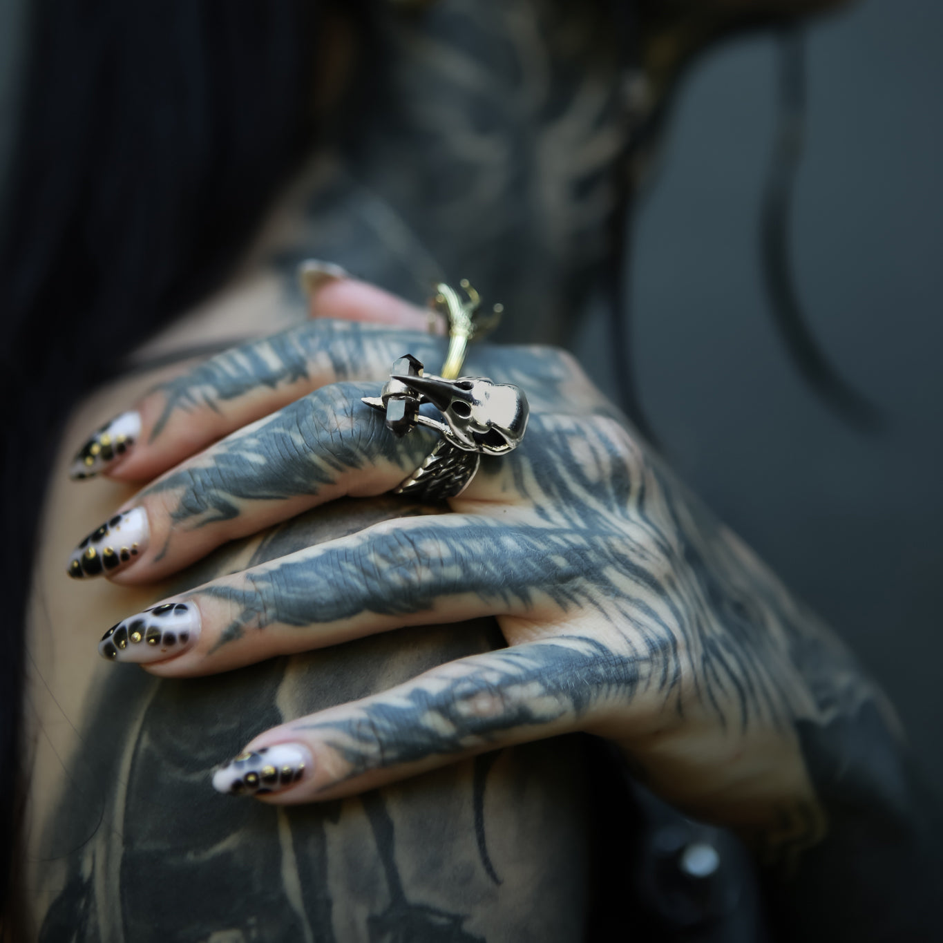 Raven Skull with Quartz Ring