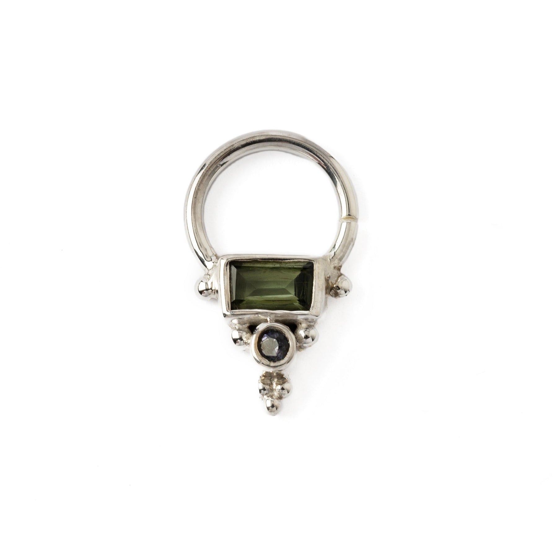 Jaya Silver Septum ring with Green Tourmaline and Lolite frontal view
