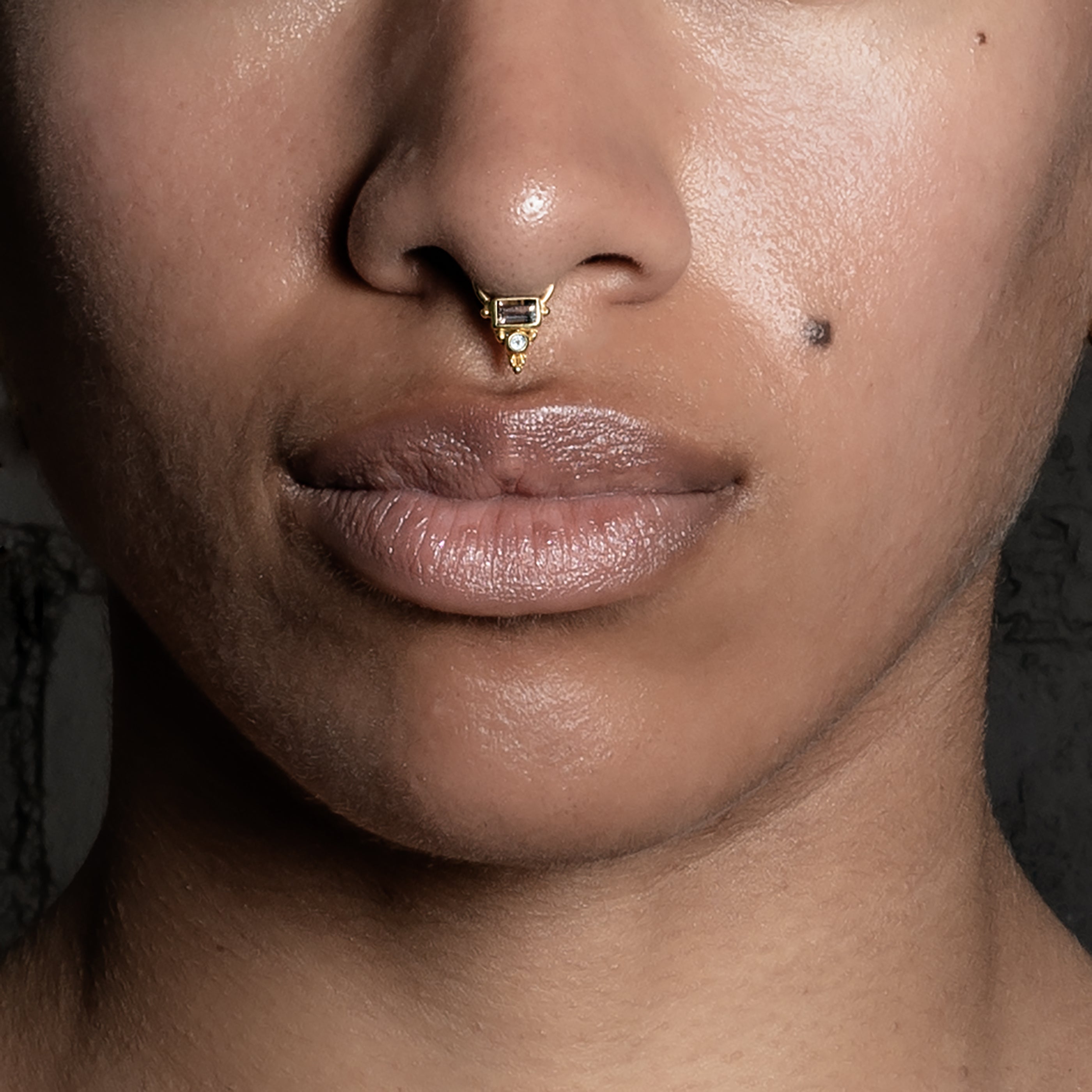 model wearing Jaya Gold Septum - Smokey Quartz & Topaz