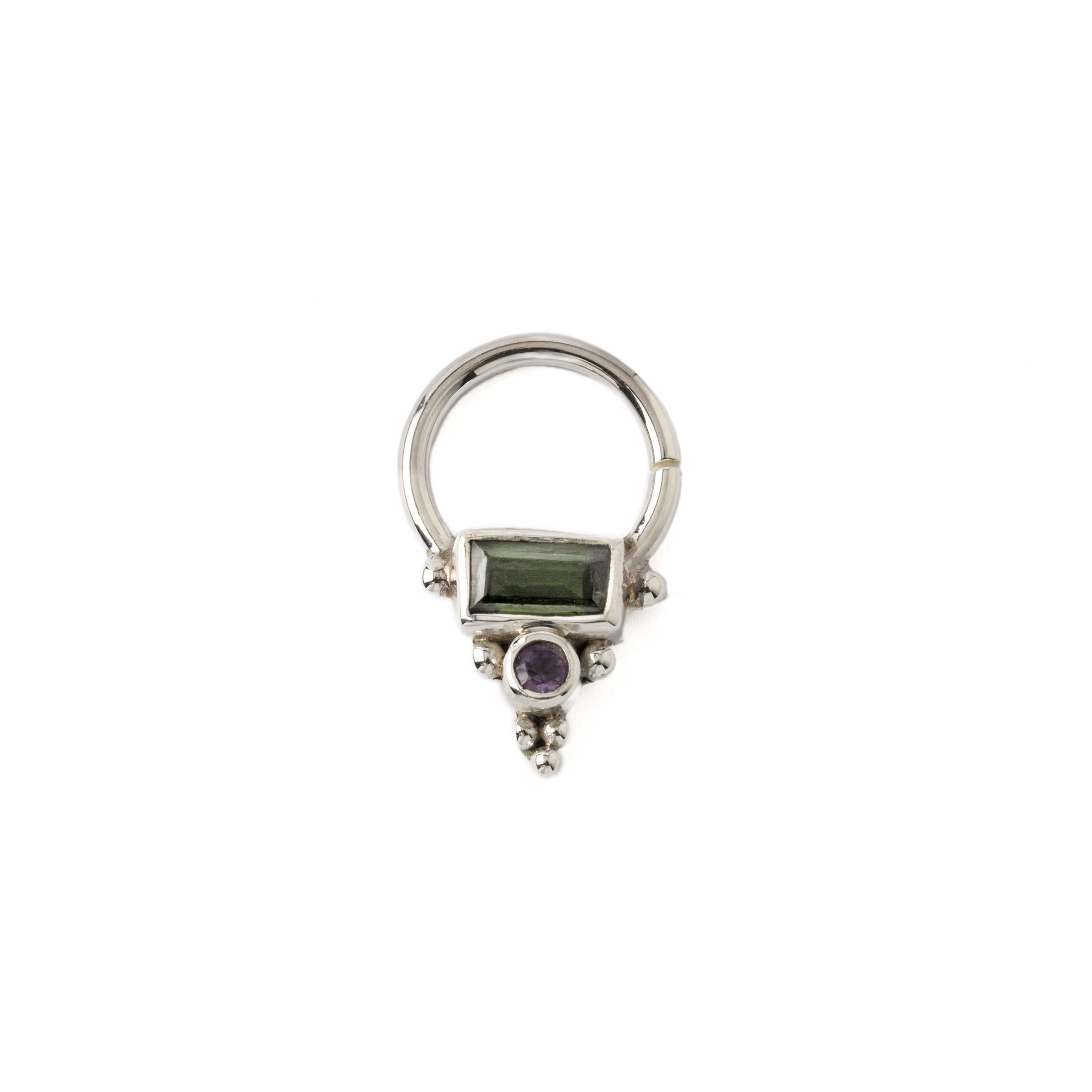Jaya Silver Septum ring with Tourmaline and Amethyst frontal view