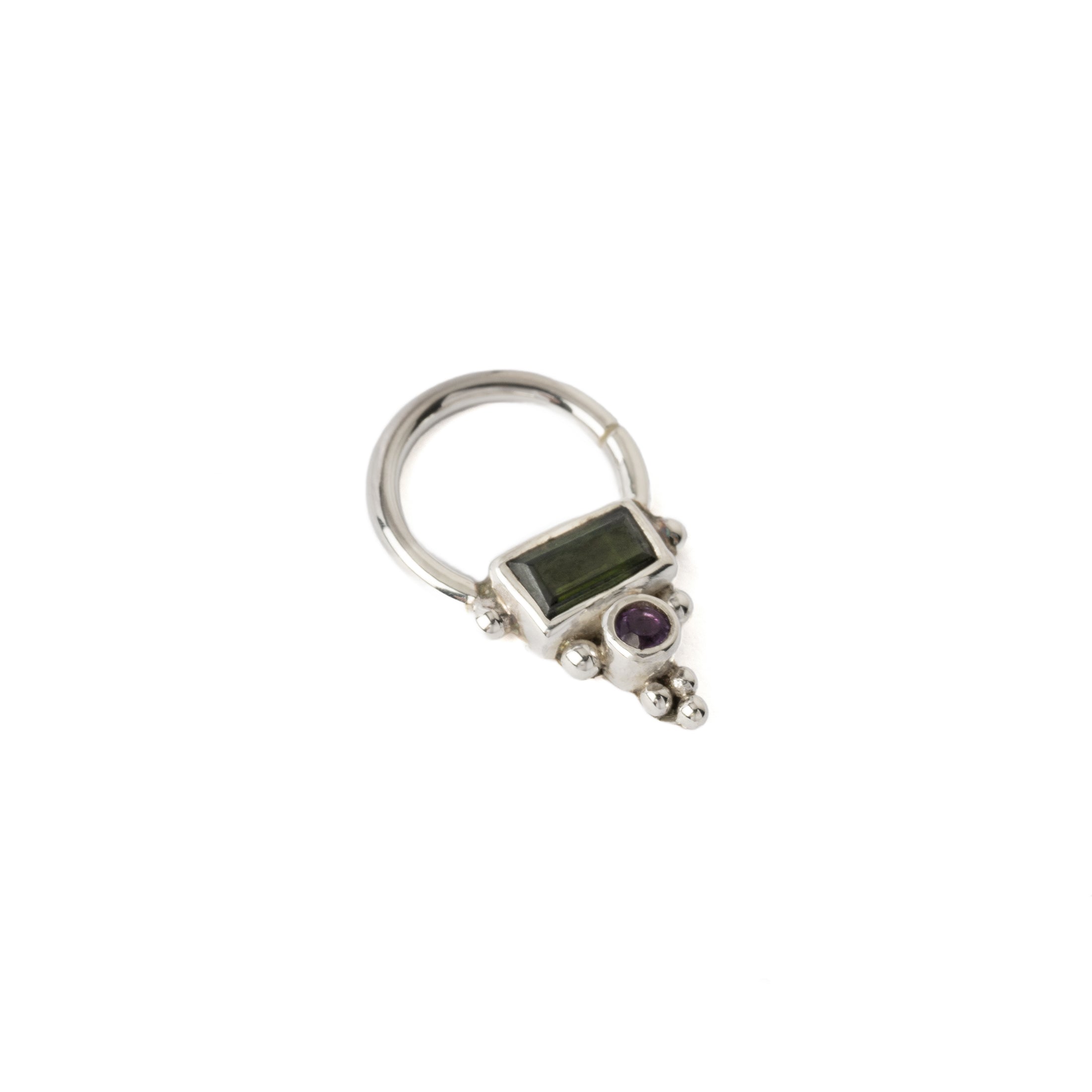 Jaya Silver Septum ring with Tourmaline and Amethyst left side view