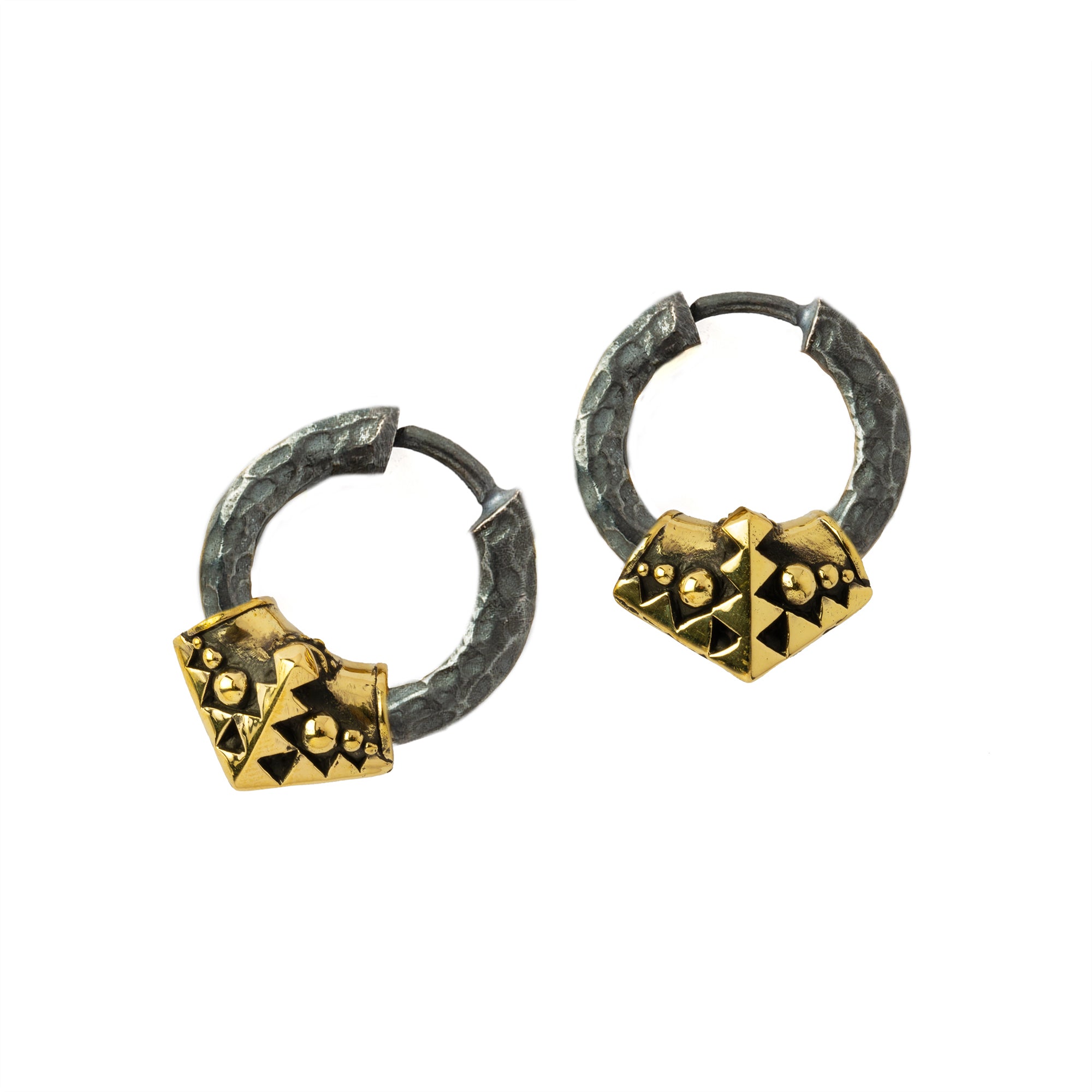Karnataka Black Silver hoop earrings with Gold brass decorative bead frontal view