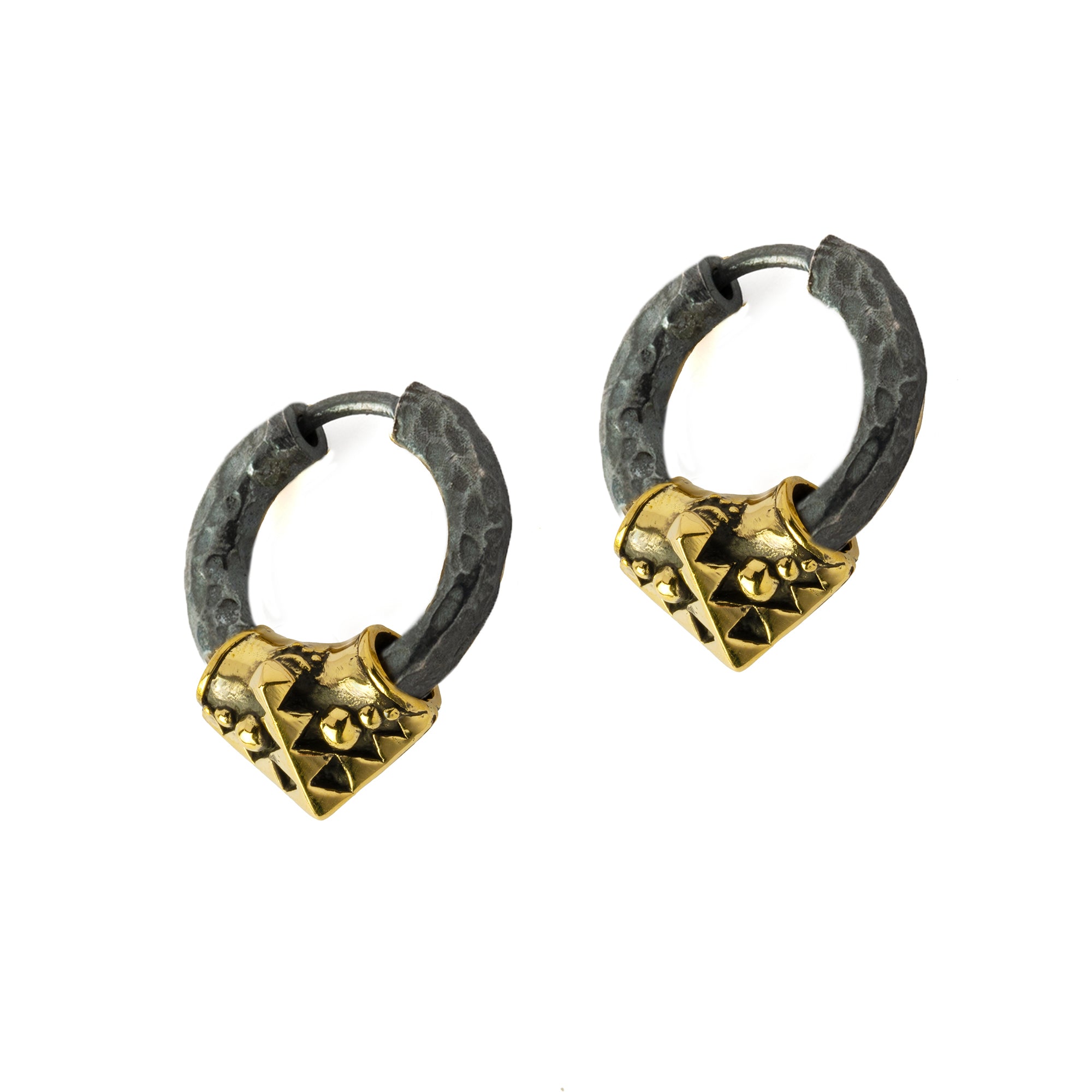 Karnataka Black Silver hoop earrings with Gold brass decorative bead right side view